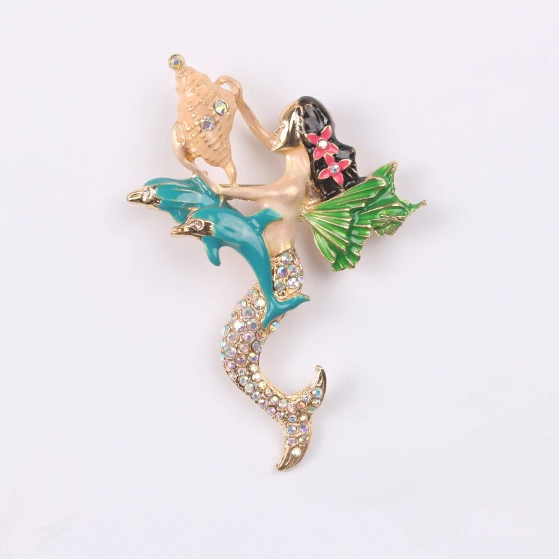 High-End Mermaid Colorful Rhinestone Conch Fairy Brooch