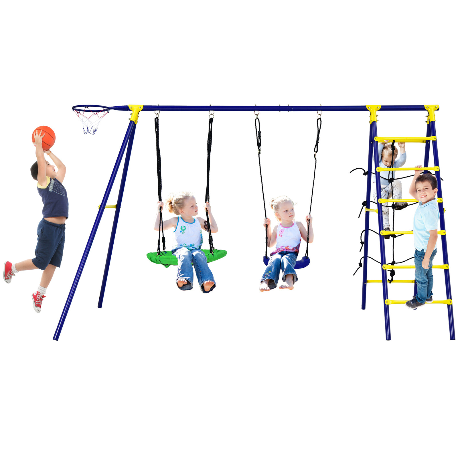 5-In-1 Outdoor Kids Swing Set W/ Heavy Duty Swing Frame & Ground Stakes Backyard