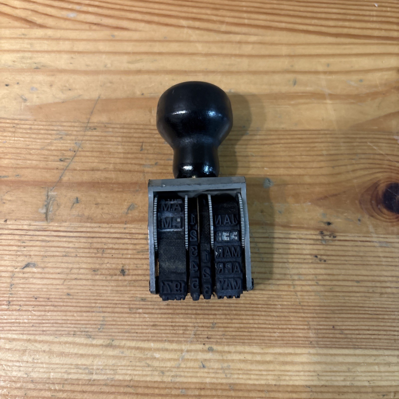 Vtg Front Rotary Date Stamp Wood Handle Metal Wheels Made In USA FREE SHIPPING