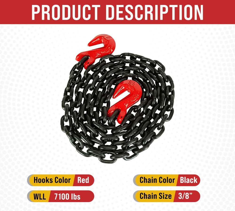 G80 High Grade Transportation Chain w/ Grab Hooks - 3/8" x 16', 7100 lbs WLL,...