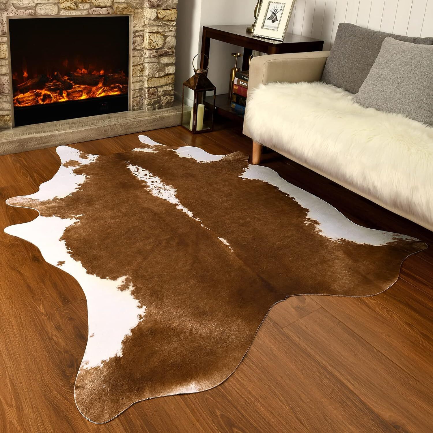 Western Decor Faux Fur Cowhide Rug 4.6 X 5.2 Feet Premium Animal Skin Cow Hide