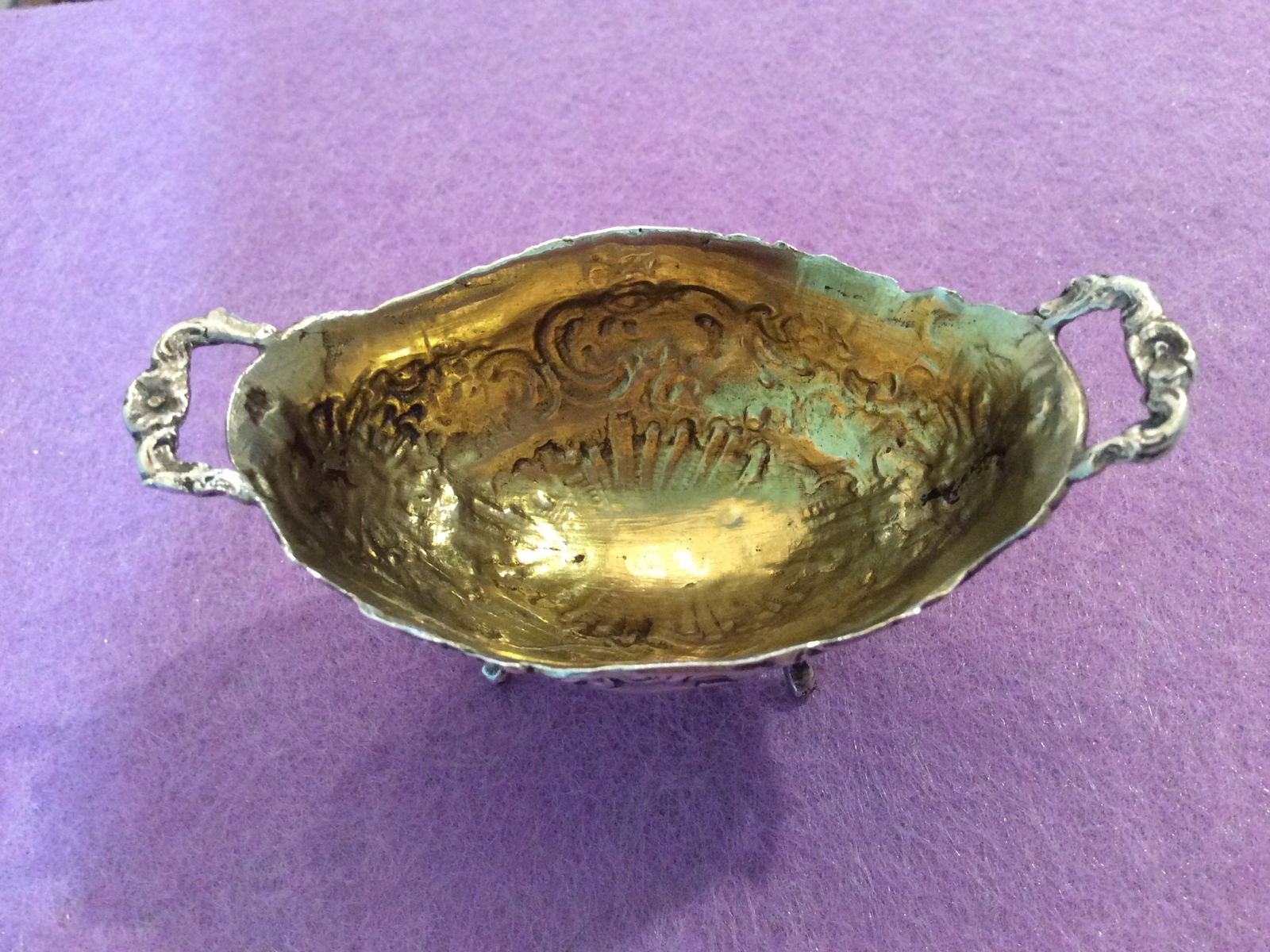 Repousse Open Salt Goldwash Dish 800 Silver (Sterling=925) Simon Rosenau 23.5g