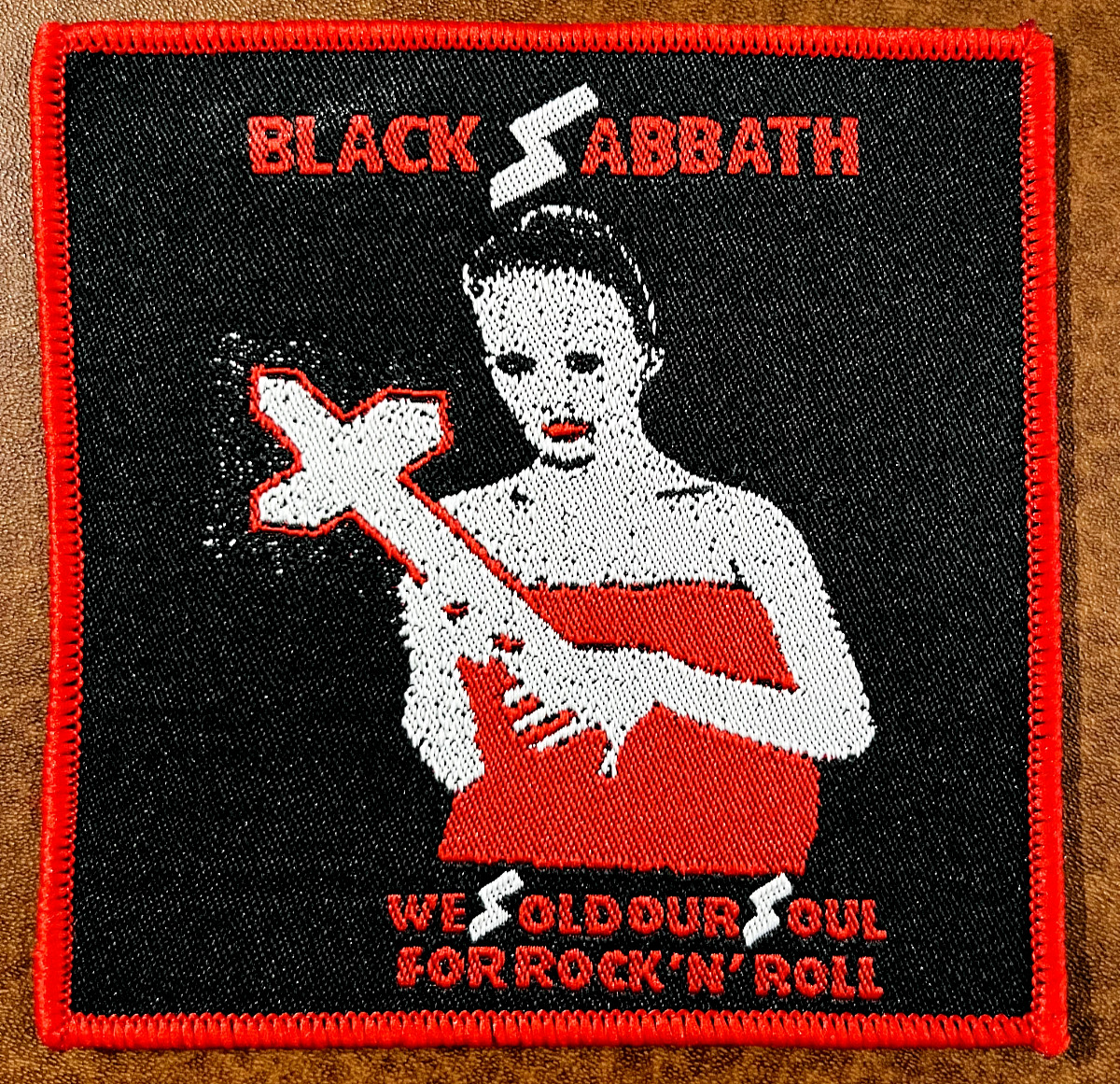 BLACK SABBATH, WE SOLD OUR SOUL FOR .. SEW ON RED BORDER WOVEN PATCH