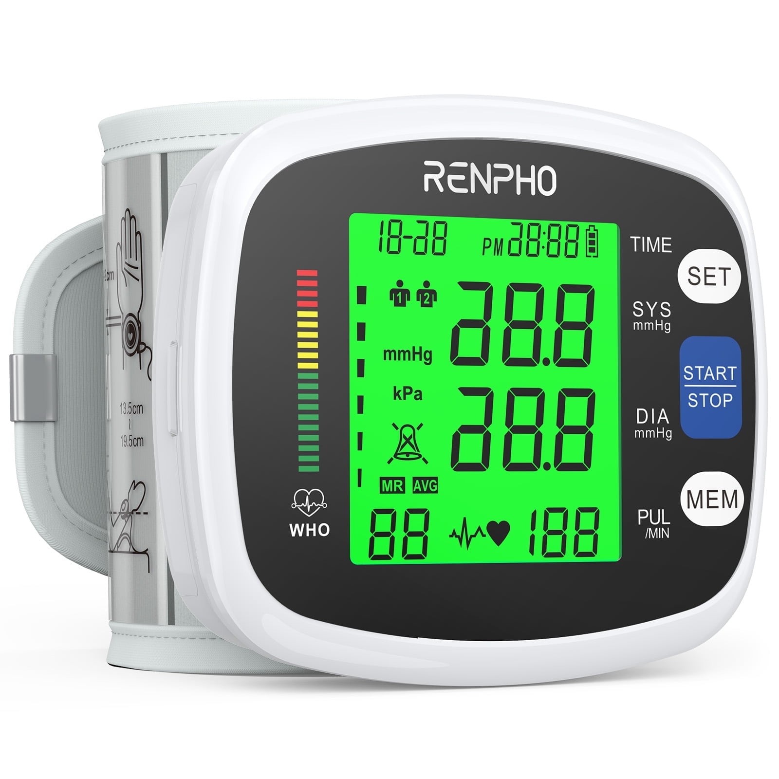 RENPHO Blood Pressure Monitor Wrist Rechargeable Heart Rate Machine Large Displa