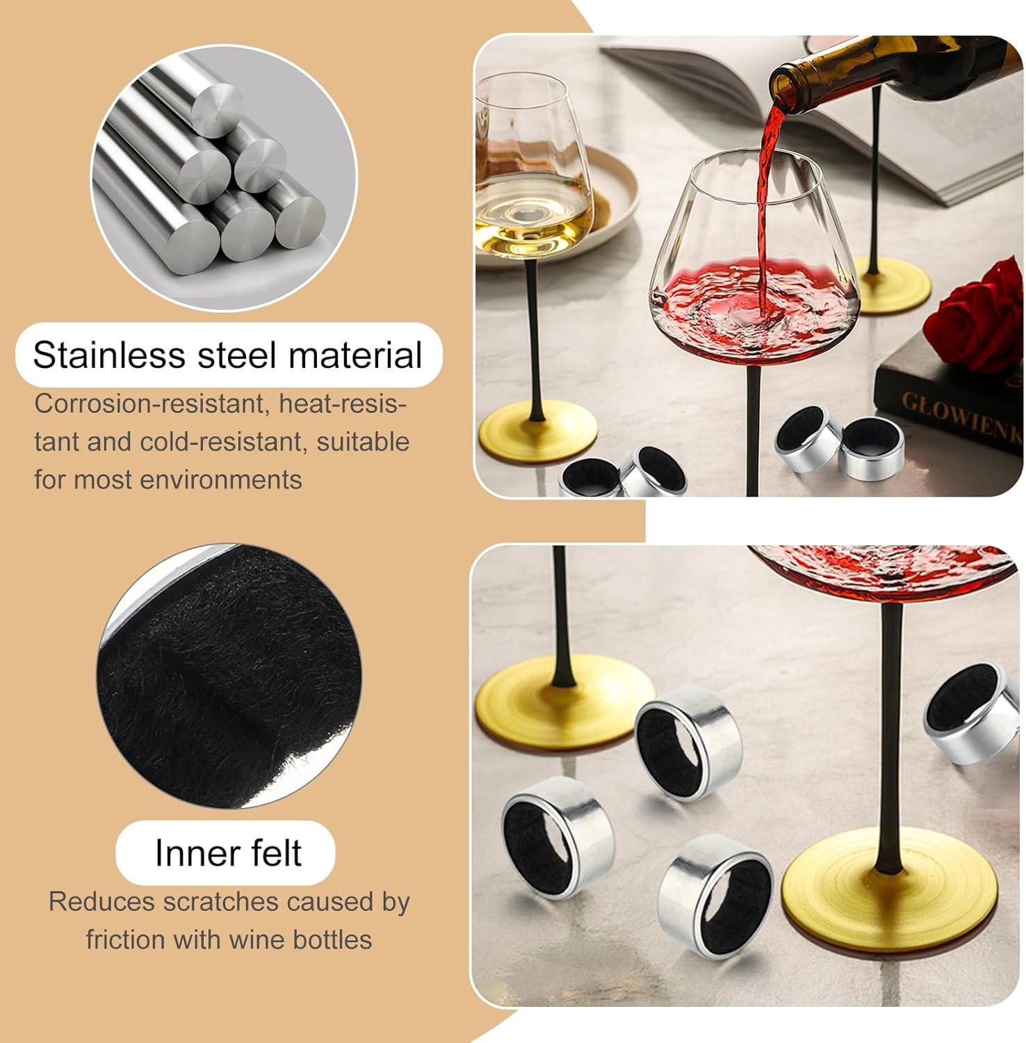 4 Pack Wine Bottle Drip Rings Stainless Steel with Felt Liners Reusable Stopper