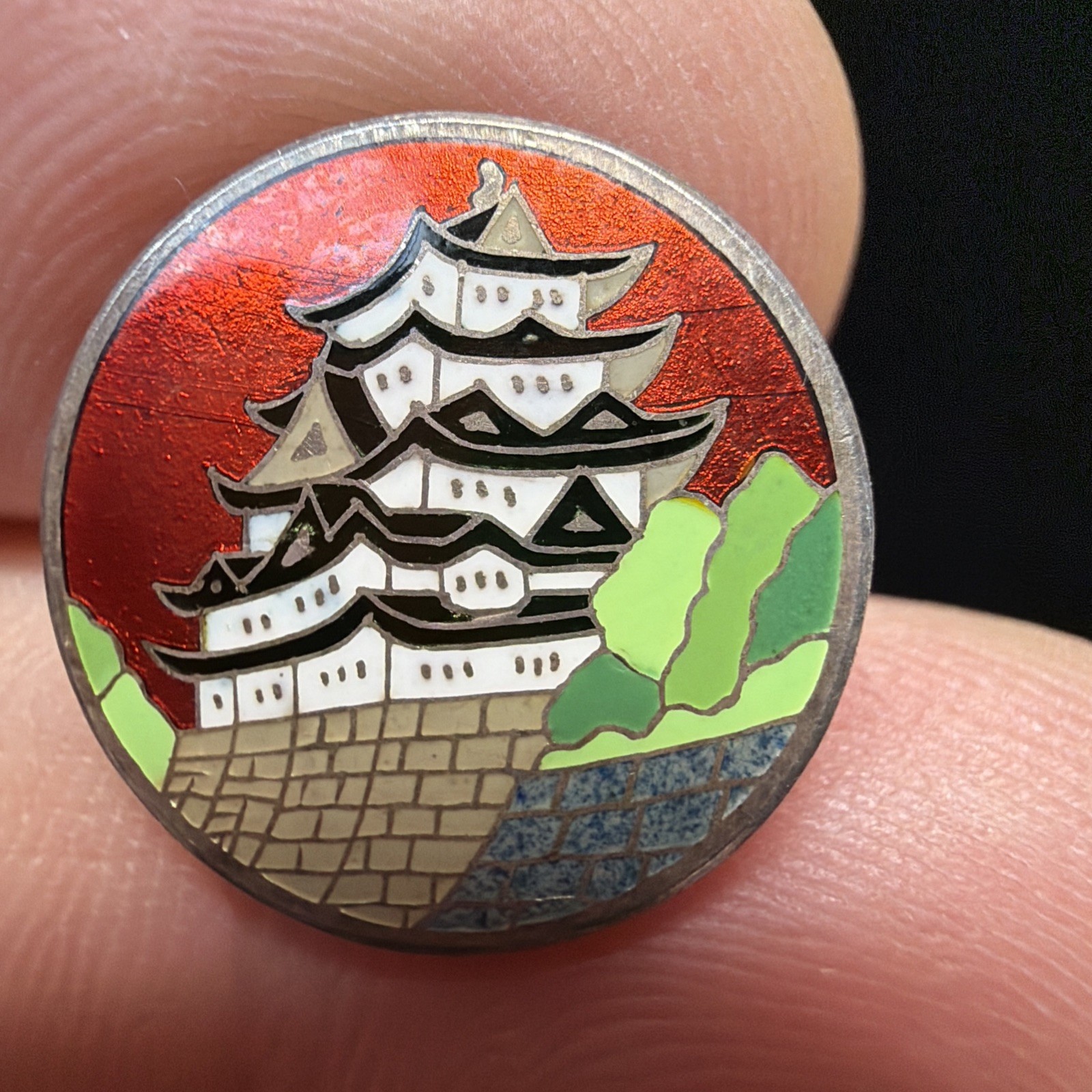 Vintage Japanese Cloisonne Enamel Sterling Silver Cufflinks Red House Palace