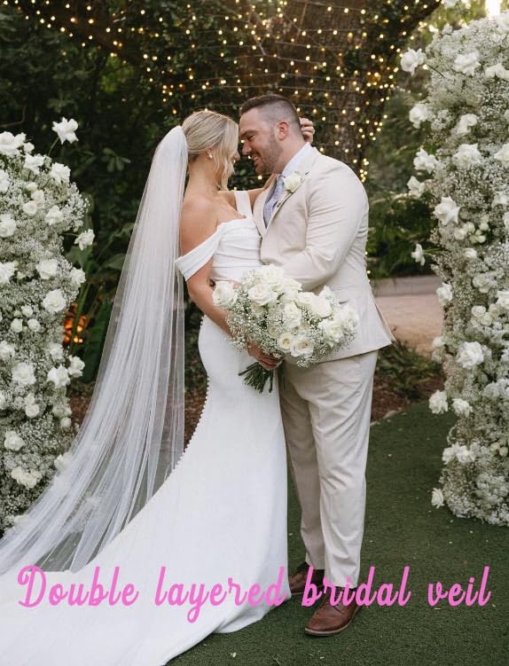 Ursumy Wedding 2T Veil Long Cathedral Soft Tulle free size, White-2 Tier