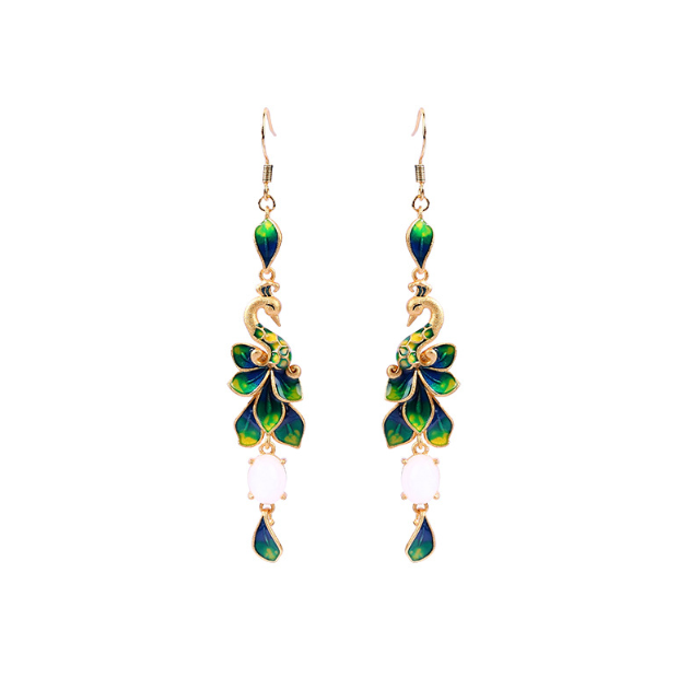 Jade Drop Dangle Earrings Peacock Cloisonne Bohemian Ear Hook 18K Gold Plated