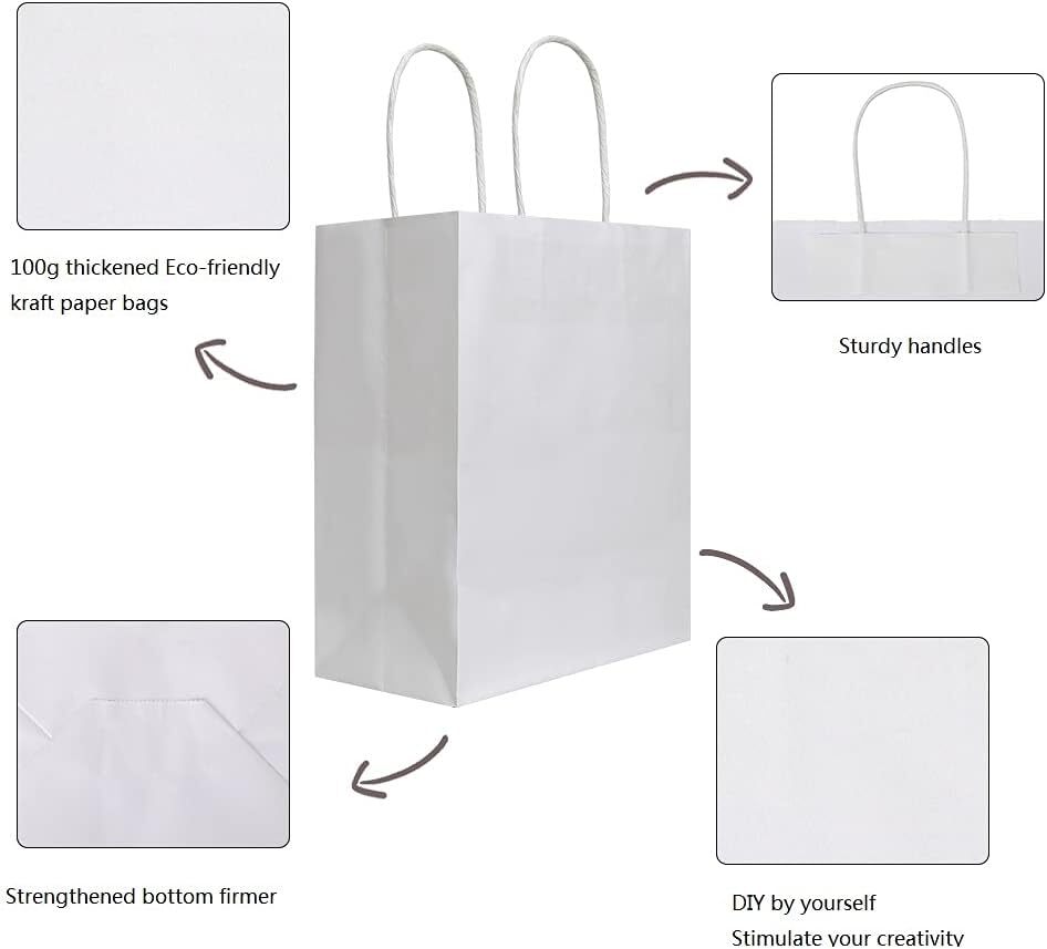 100 Paper Shopping Bags White Kraft 8"x4.75x10.5" Retail Merchandise Handles