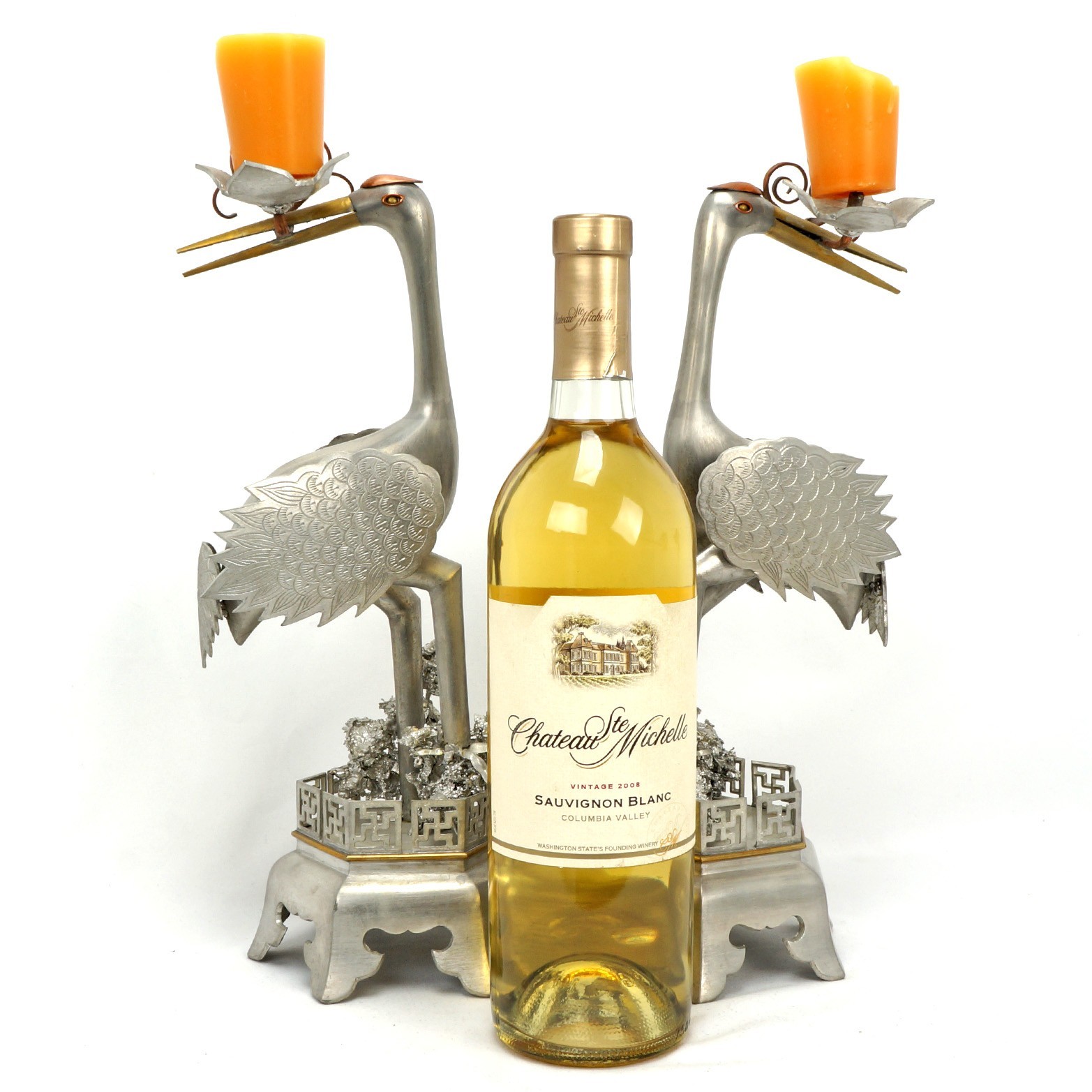 Pair Chinese Mixed-Metal Pewter Crane Sculptures Candlesticks