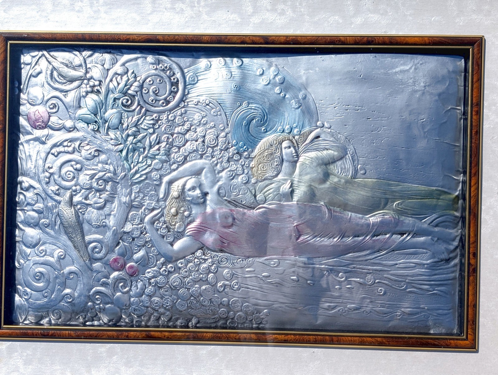 Large Vtg Art Nouveau Sterling Silver Argento Italy Colored Framed Art Plaque