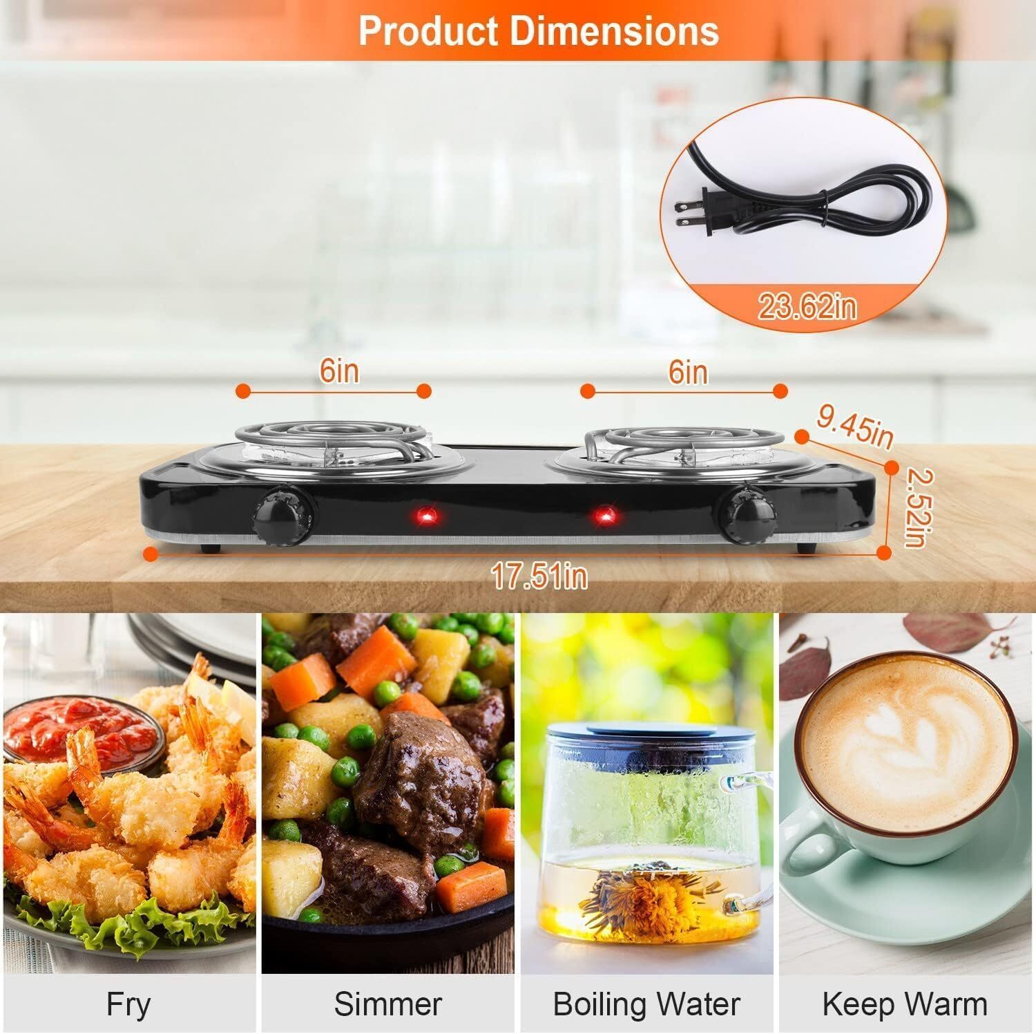 2000W Portable Kitchen Electric Double Burner Hot Plate Cooktop Cooking Stove