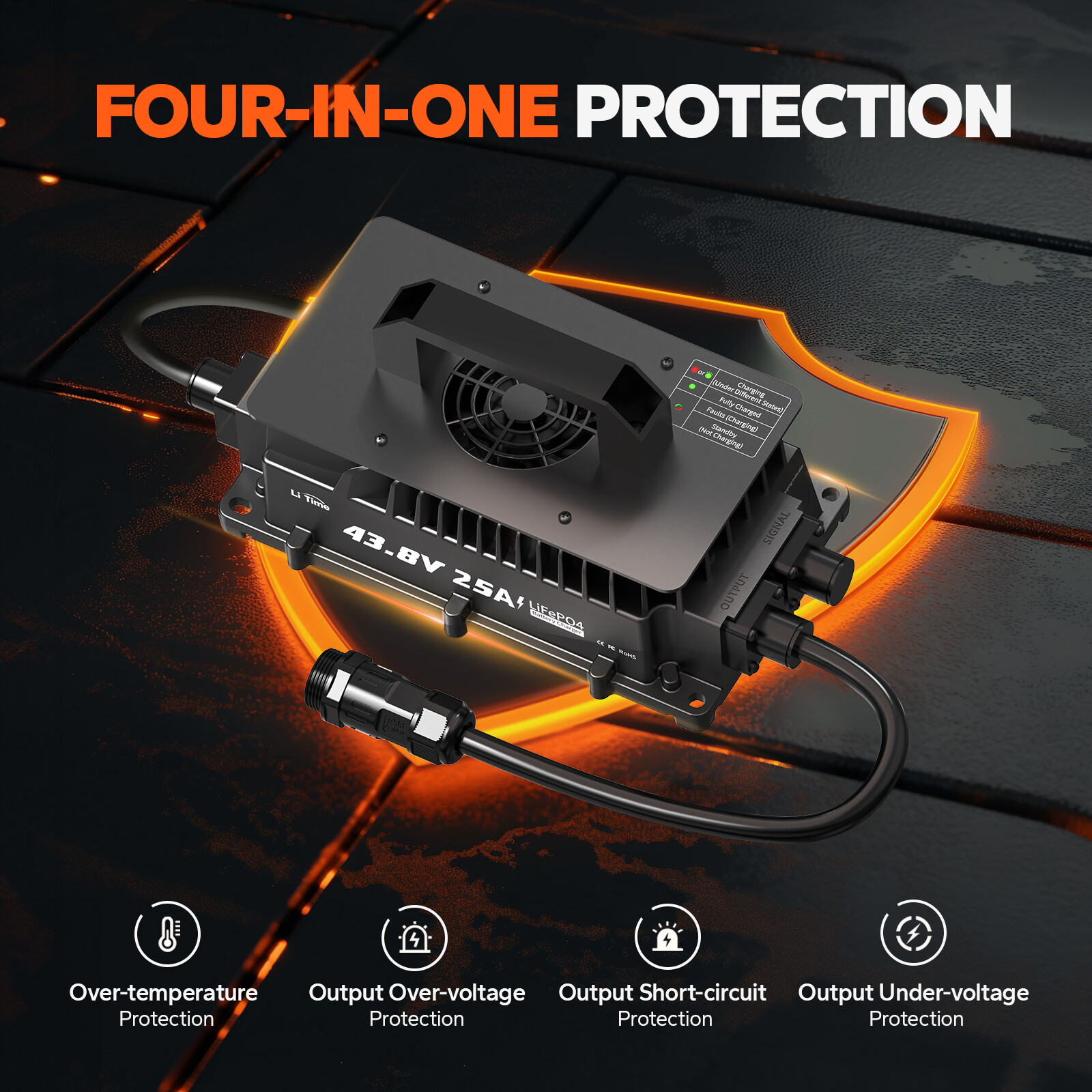 LiTime 36V(43.8V) 25A Smart AC-DC Waterproof Charger for Lithium LiFePO4 Battery