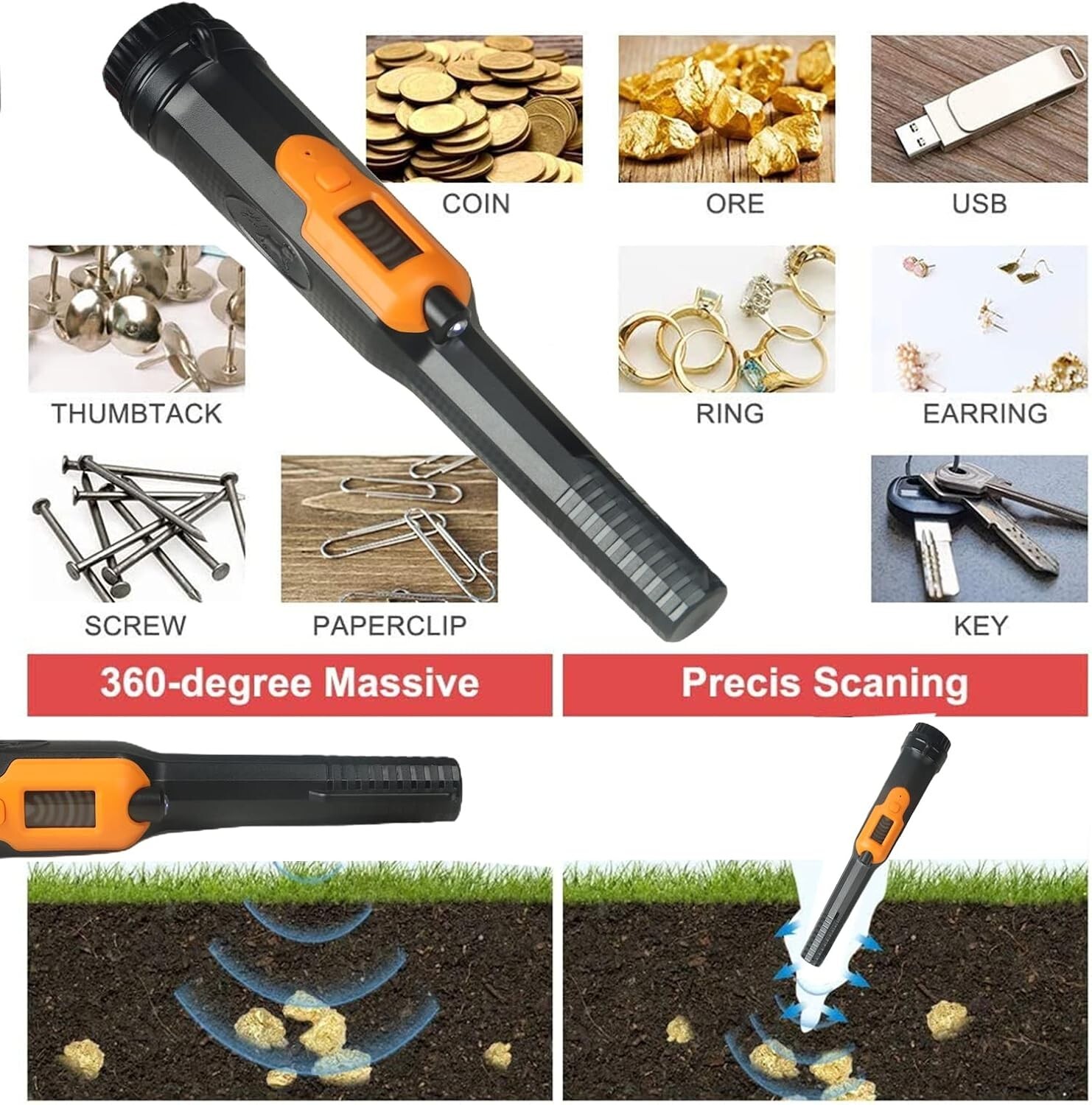 Metal Detector Pinpointer, LCD Display Fully Waterproof Underwater 30m/50FT Gold