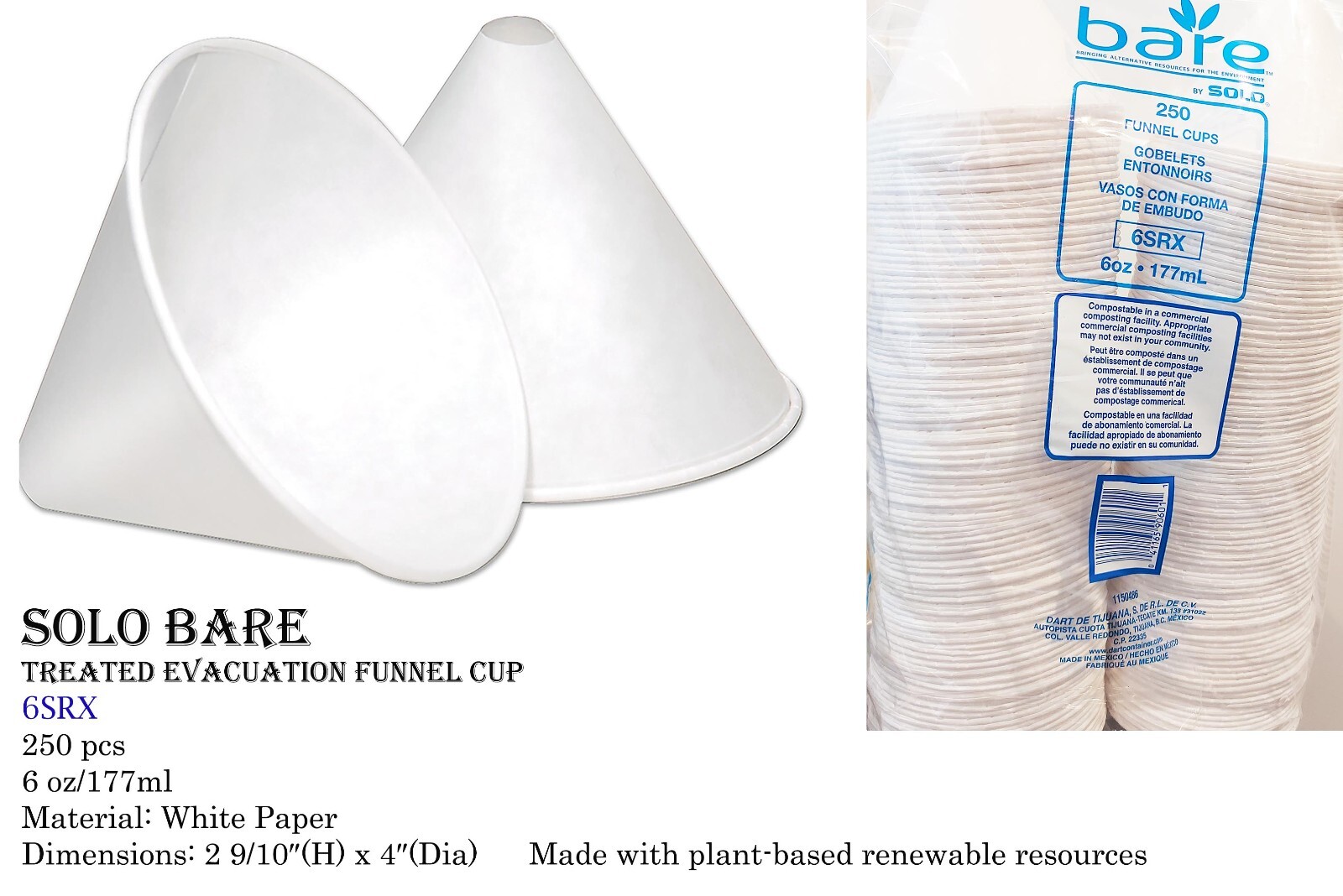Pre Treated Paper Funnel Cup Evacuation Solo Bare 6 oz/177 ml, 250/500 pcs