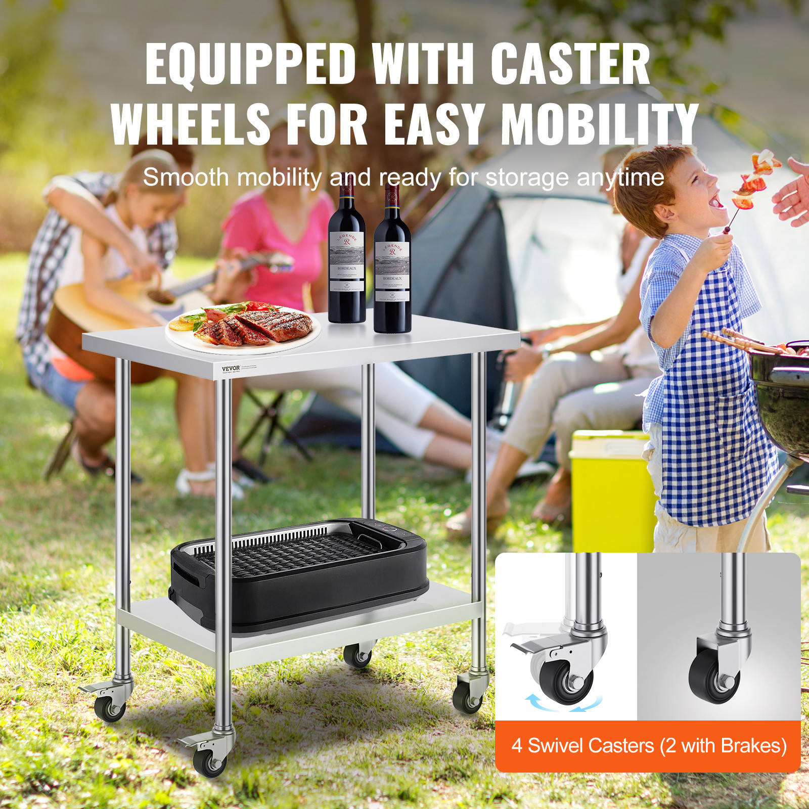 VEVOR Stainless Steel Work Table Commercial Prep Table 24x36 Inch With 4 Casters