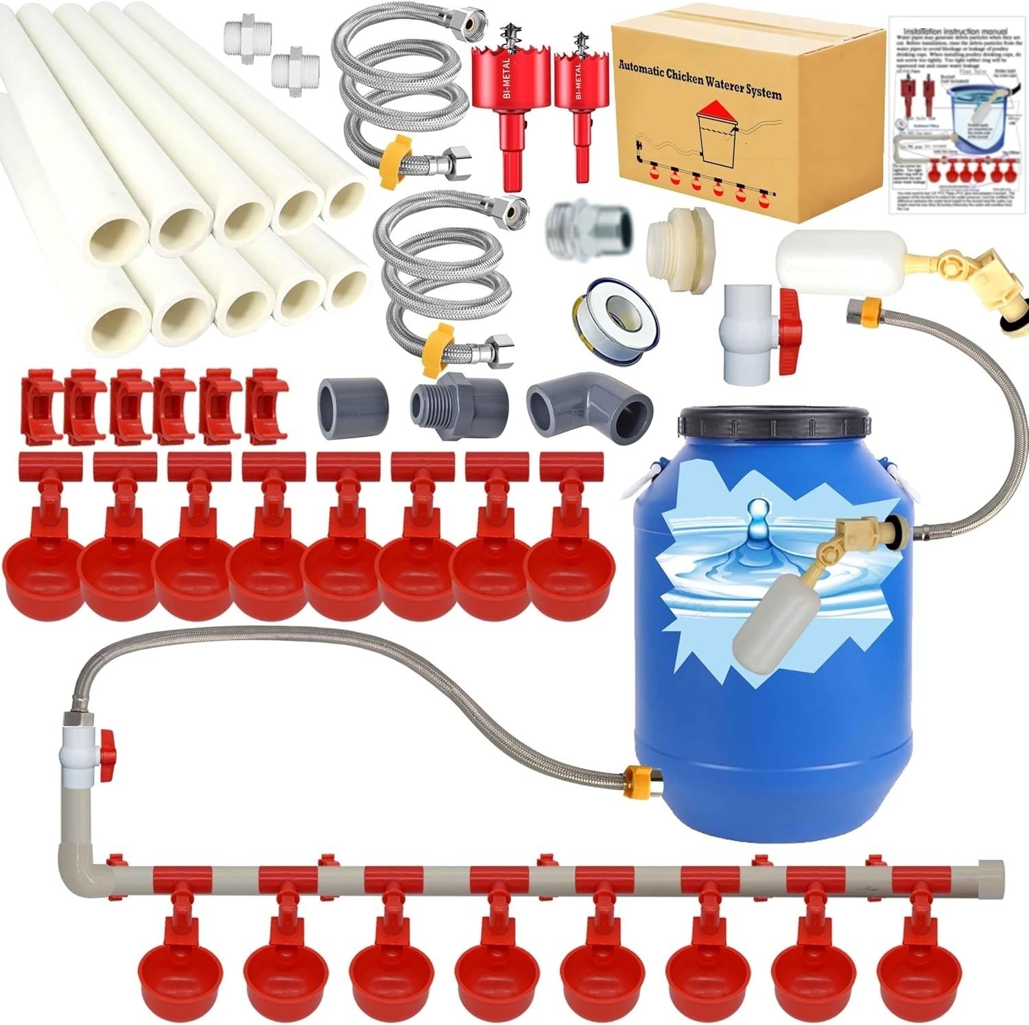 Complete Set Pipeline Automatic Chicken Waterer System(58 Accessories Included)