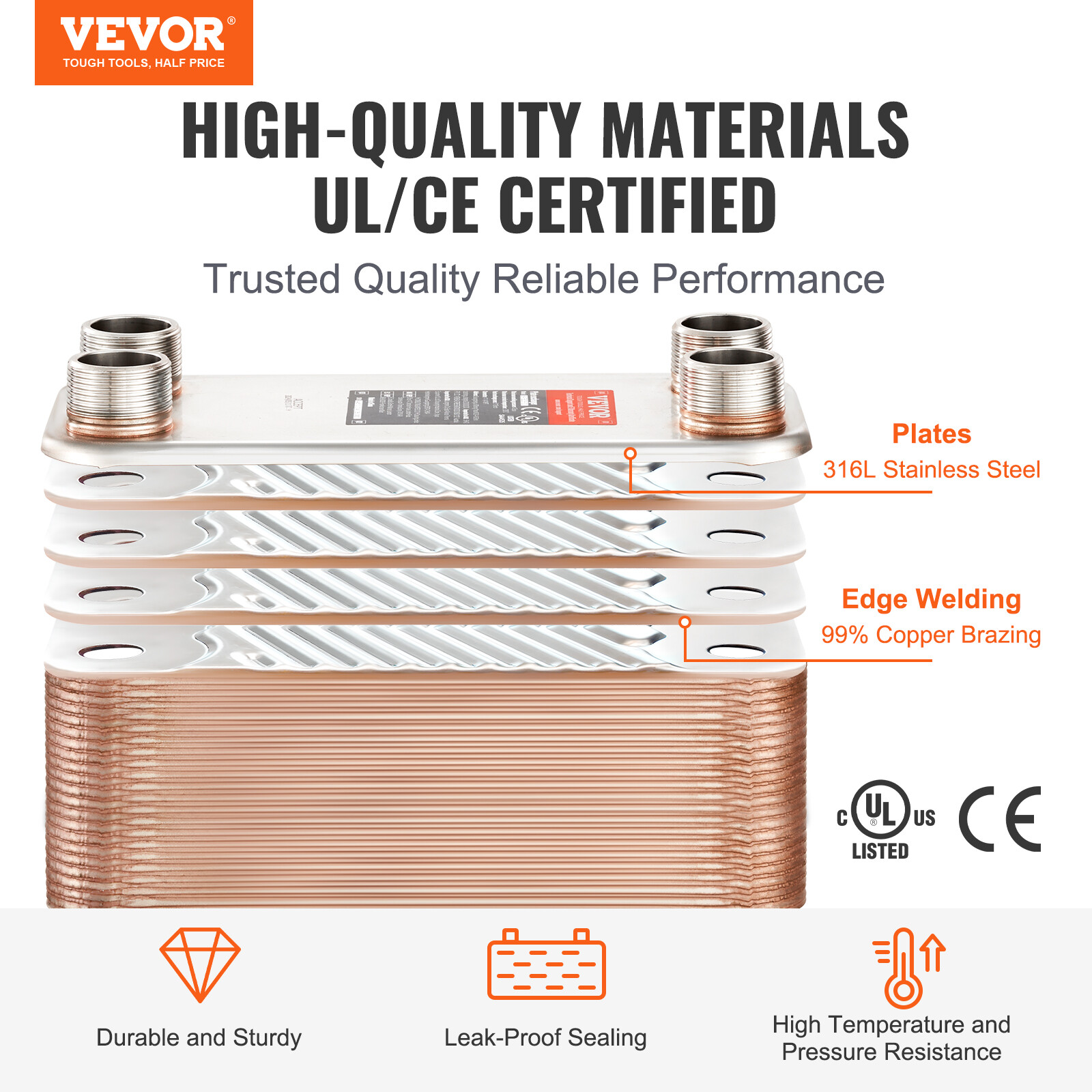 VEVOR 80 Plate Heat Exchanger 4*1-1/4" MNPT Ports 5"x 12" Brazed 316L St. Steel