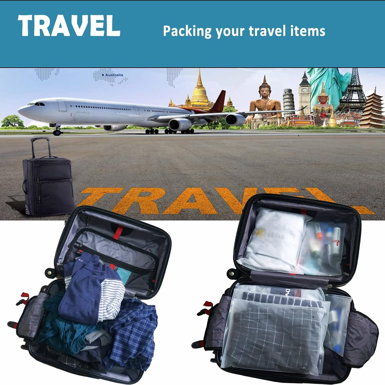 (20 Pcs Value Pack) Travel Luggage Organizer Bags, Assorted Sizes, 4Mil Resealab