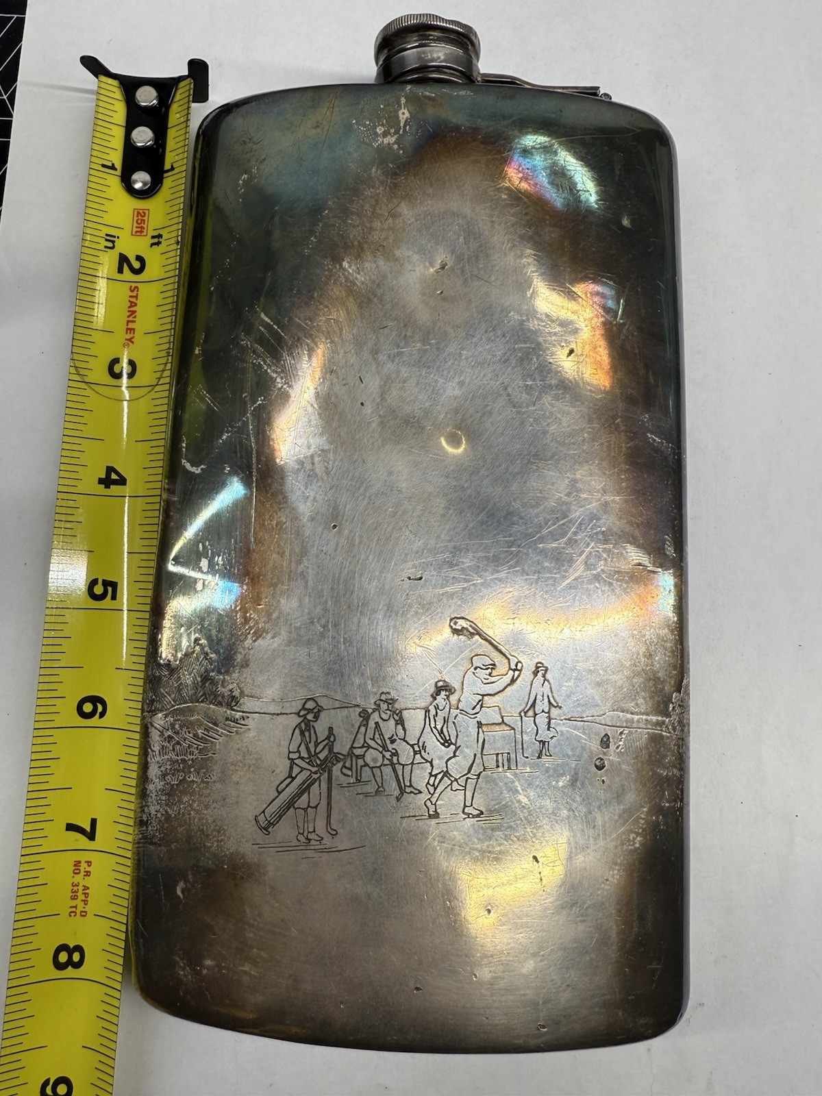 Dented / Damaged MERIDEN B SILVER PLATE Whiskey Flask - Golf Monogram