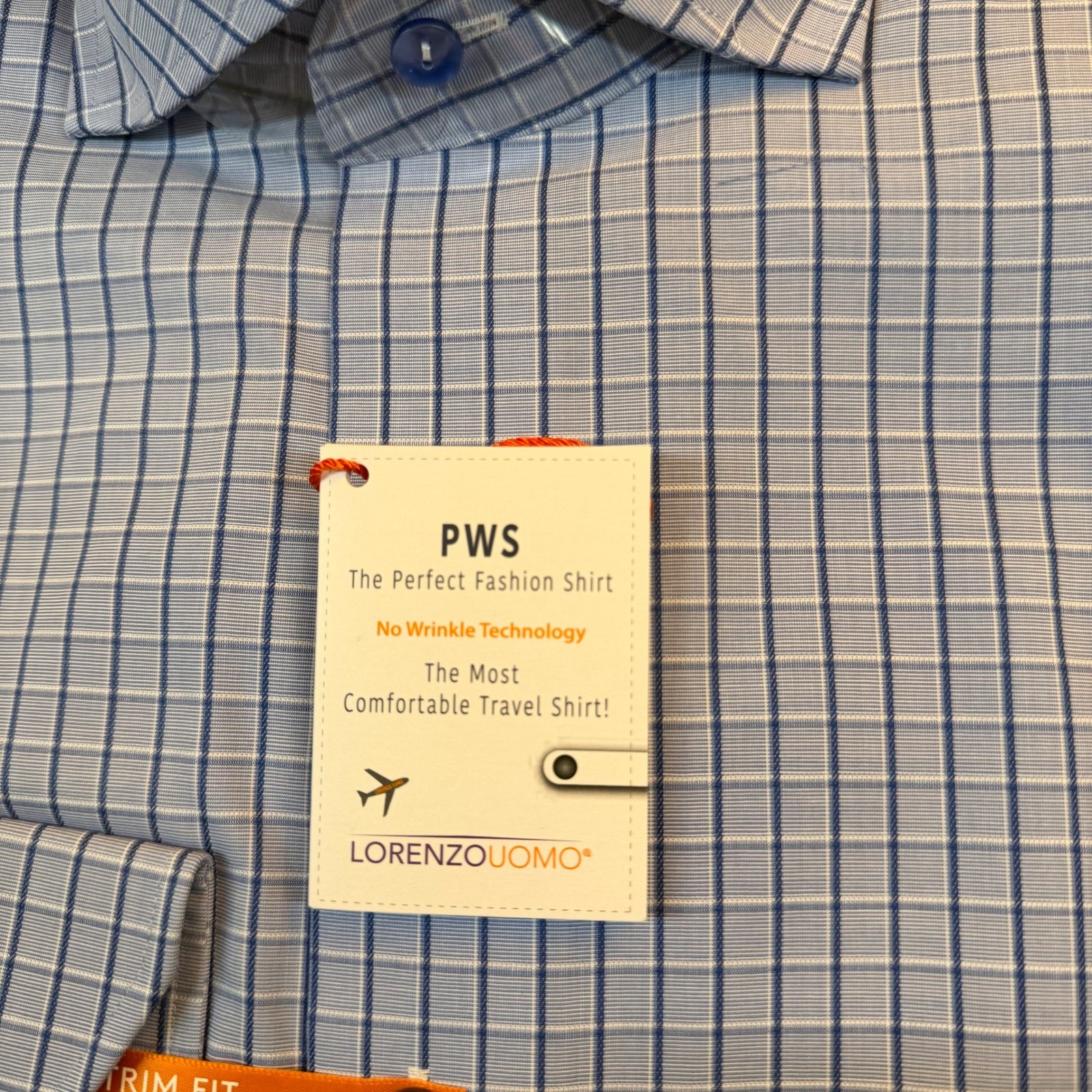 Lorenzo Uomo Trim Fit No Wrinkle Blue Check Dress Shirt Mens 15.5 34/35 PWS NEW