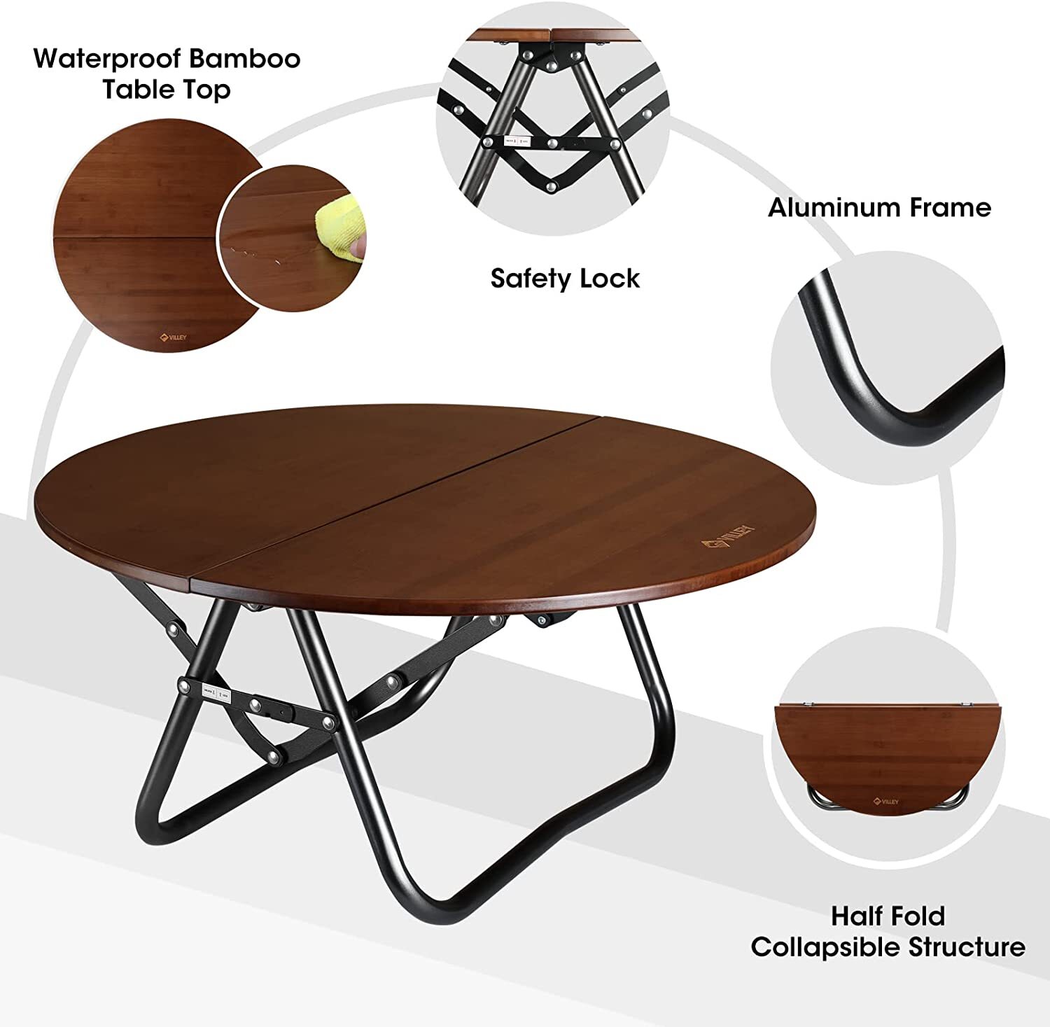 VILLEY Bamboo Round Folding Table with Carrying Bag Half-fold Portable Aluminum