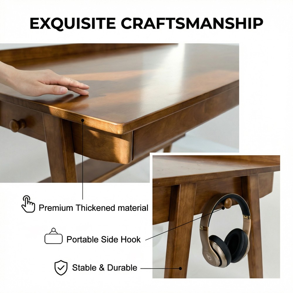 Solid Wood Writing Desk, Mid-Century Modern with 2 Drawers & Shelf