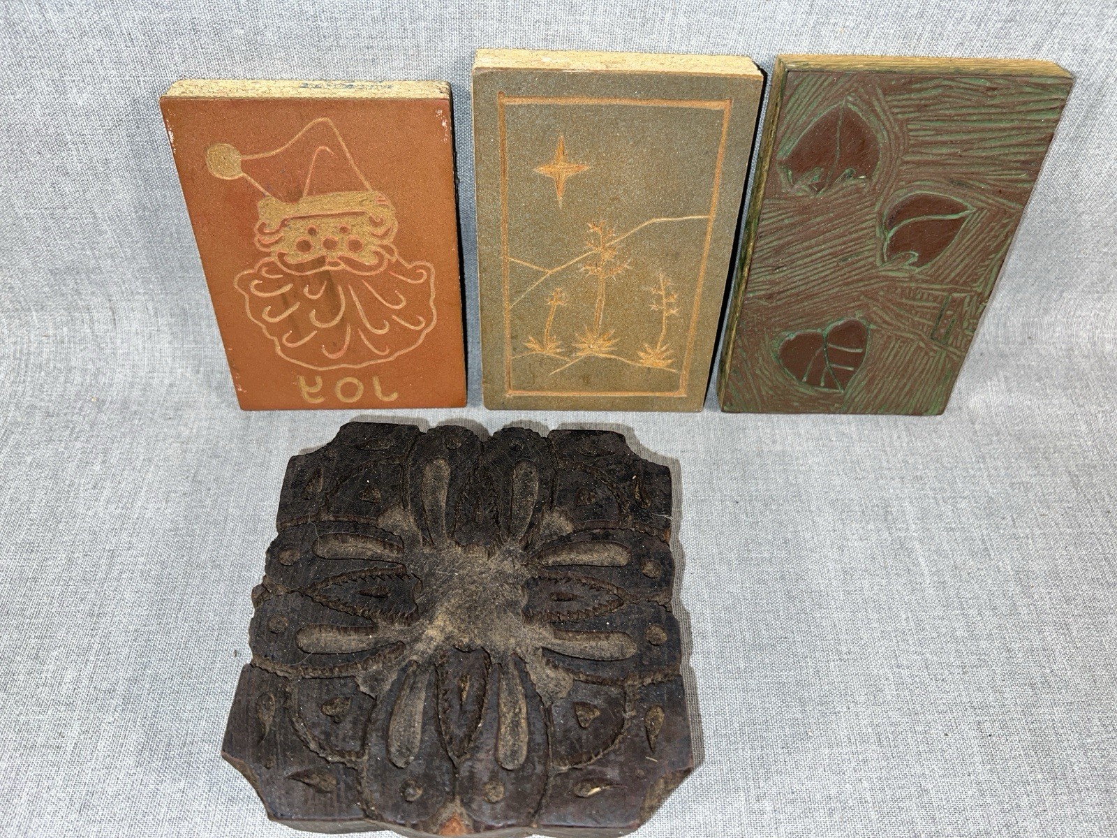VTG 4 Hand Carved Wood Printing Block Stamp Leaf Floral Santa Abstract Pattern