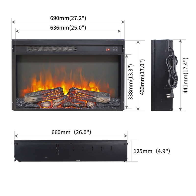 26 inch Electric Fireplace Insert,Ultra Thin Heater w/Log Set & Realistic Flame