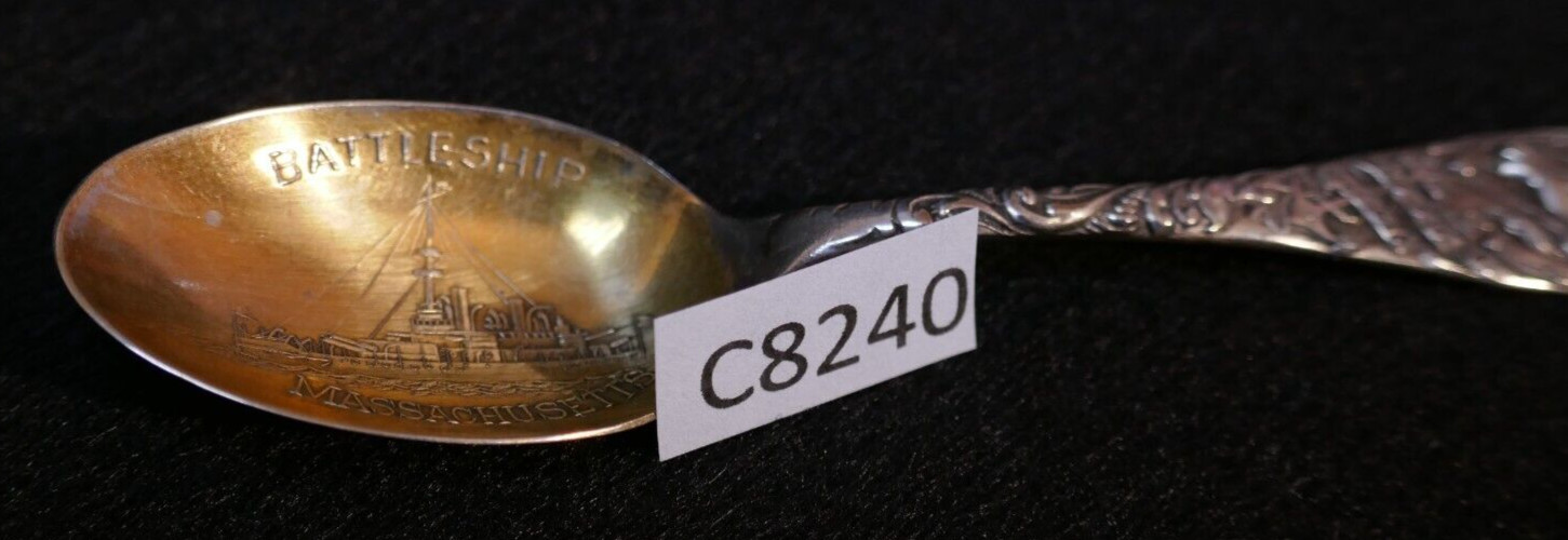 Span Am War Battleship Massachusetts Souvenir Spoon 4.5" Extra Coin Silver Plate