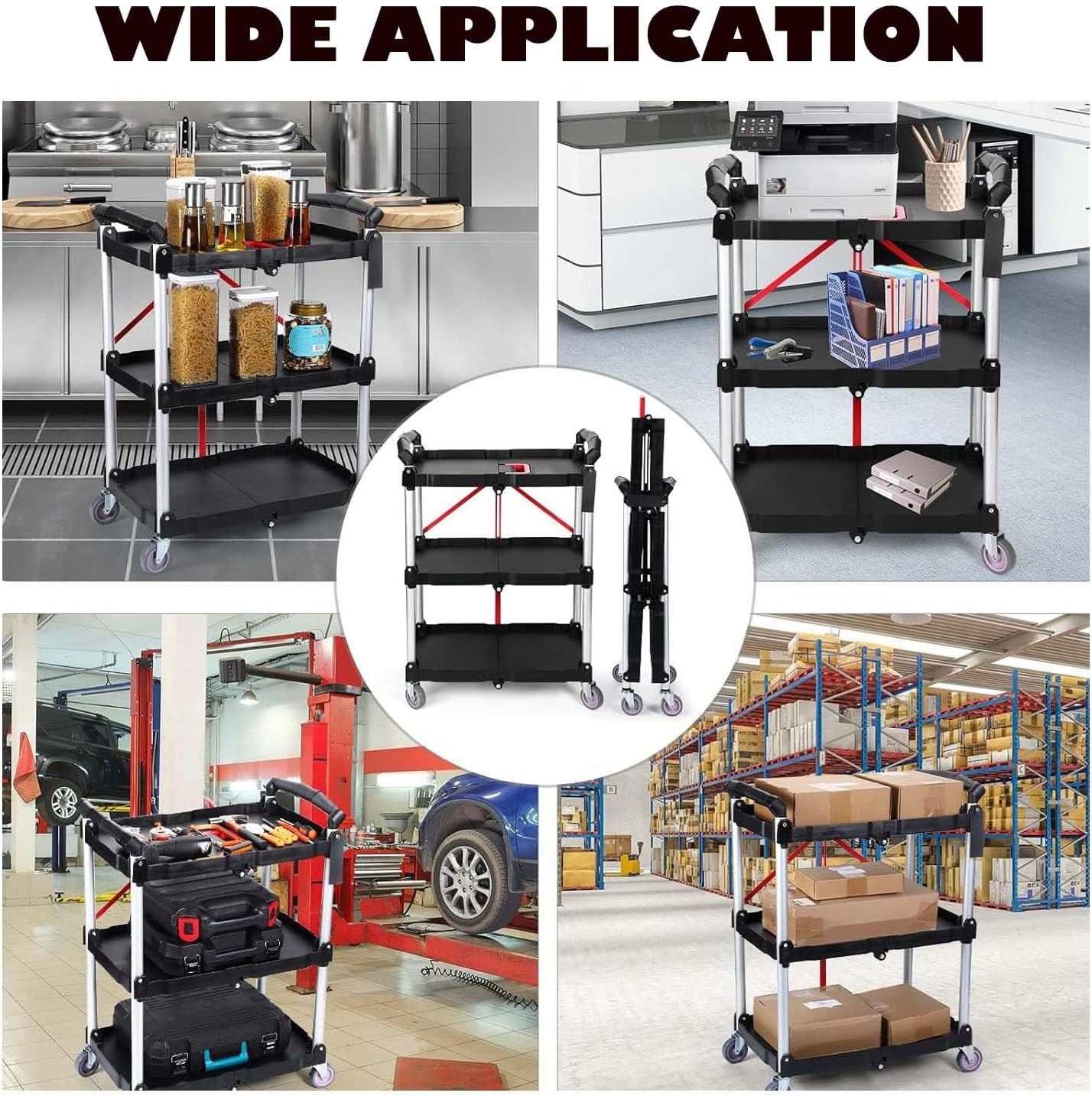 Portable Folding Service Cart 3 Tier Utility Trolley w/ 360 Swivel Wheels