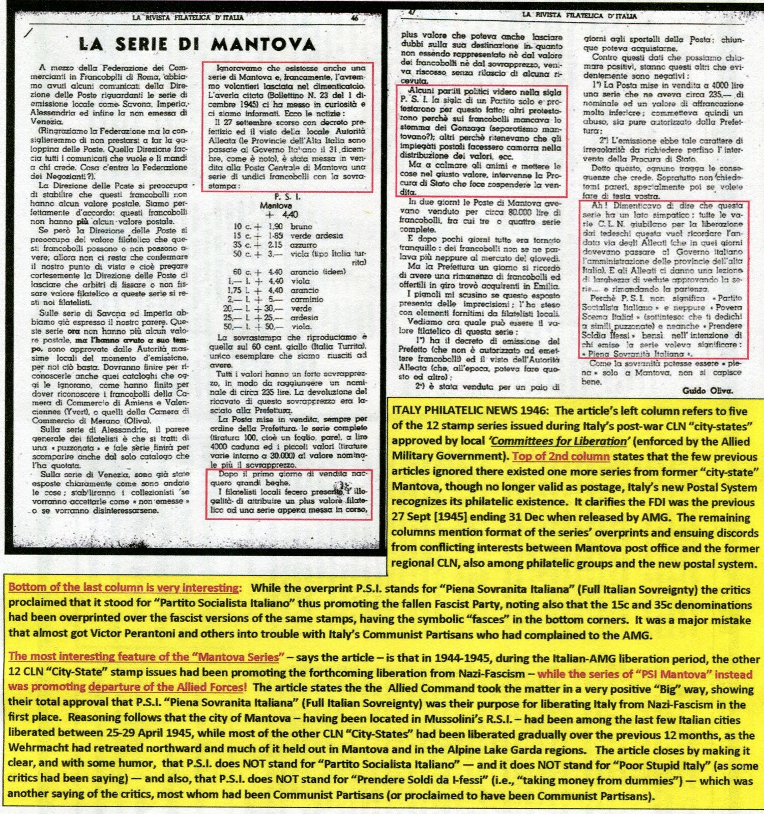 PSI MANTOVA CLN - 3 excellent rare stamps - 1 very rare typeset freak 1945 (159)