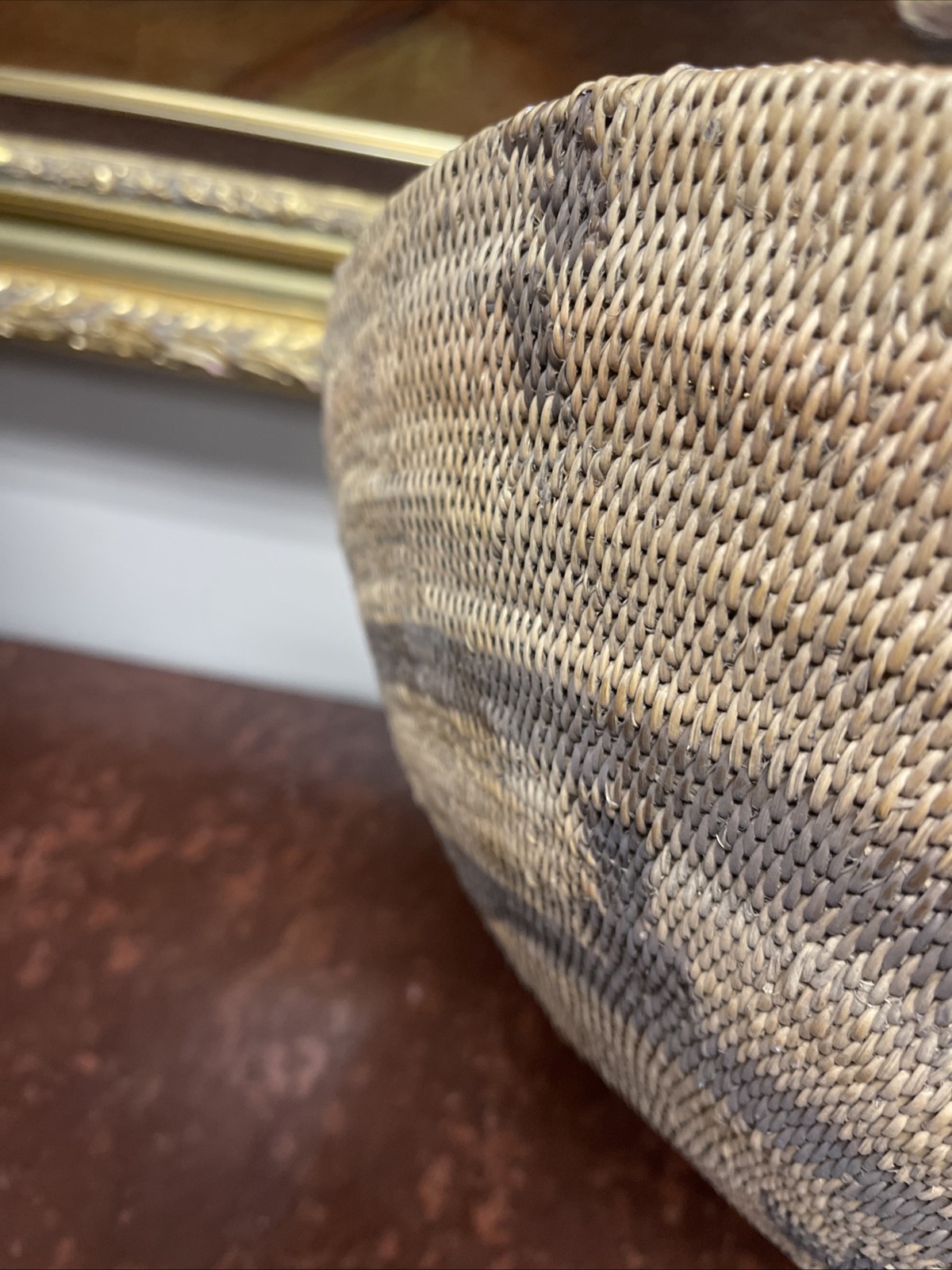 Woven Apache pictorial 17 1/4” basket with geometric and symbolic designs.