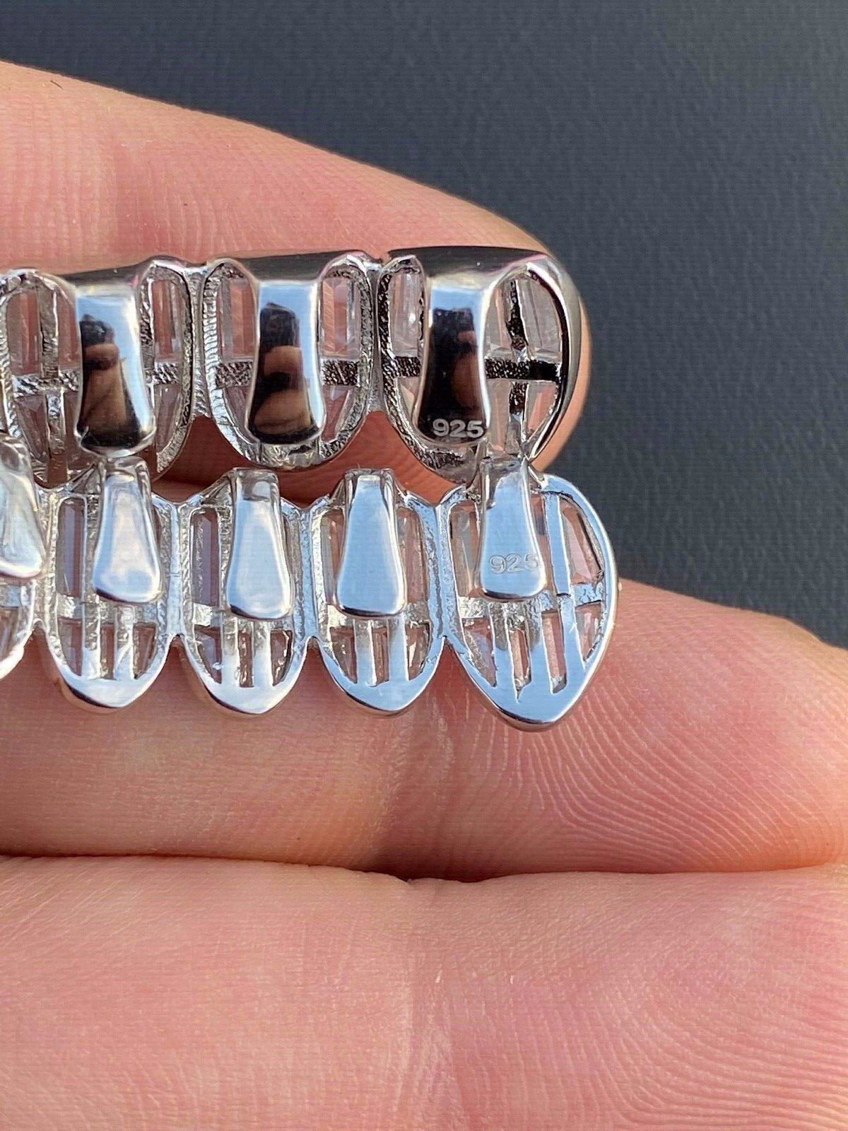 Real 925 Sterling Silver ICED Baguette Rapper GRILLZ Teeth Top & Bottom Set ICY