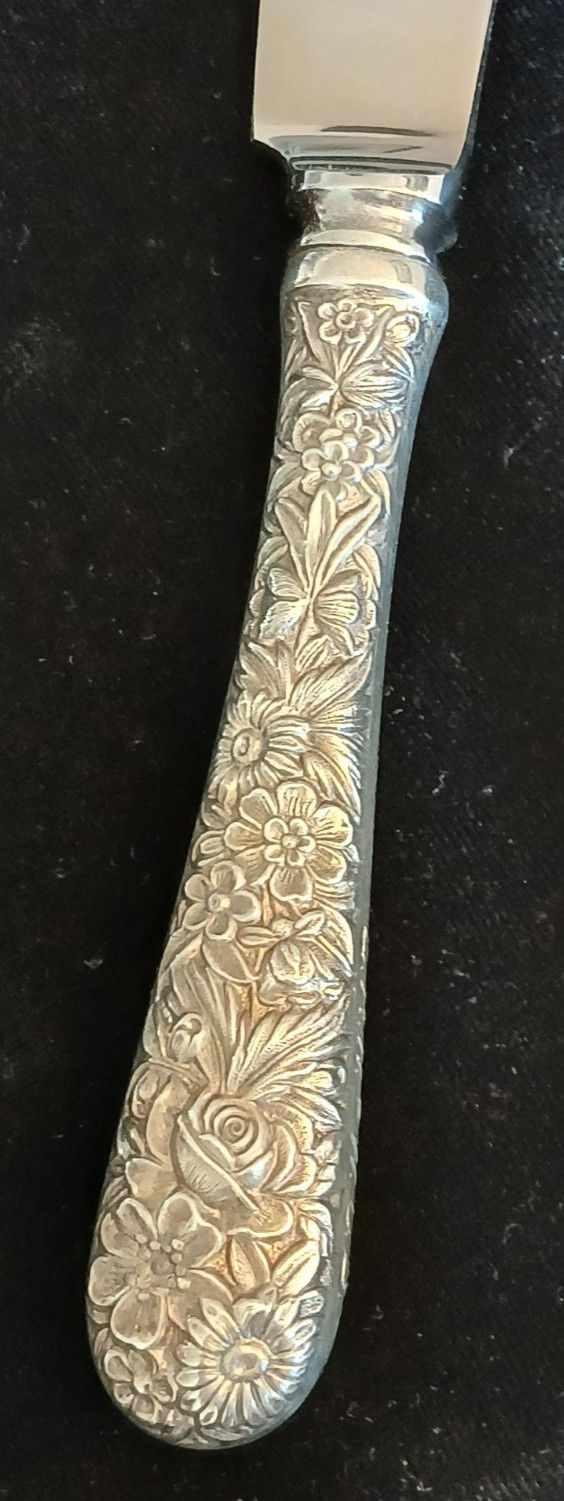S Kirk and Son Repousse sterling silver stainless handle fish knife 10 3/8" Mng