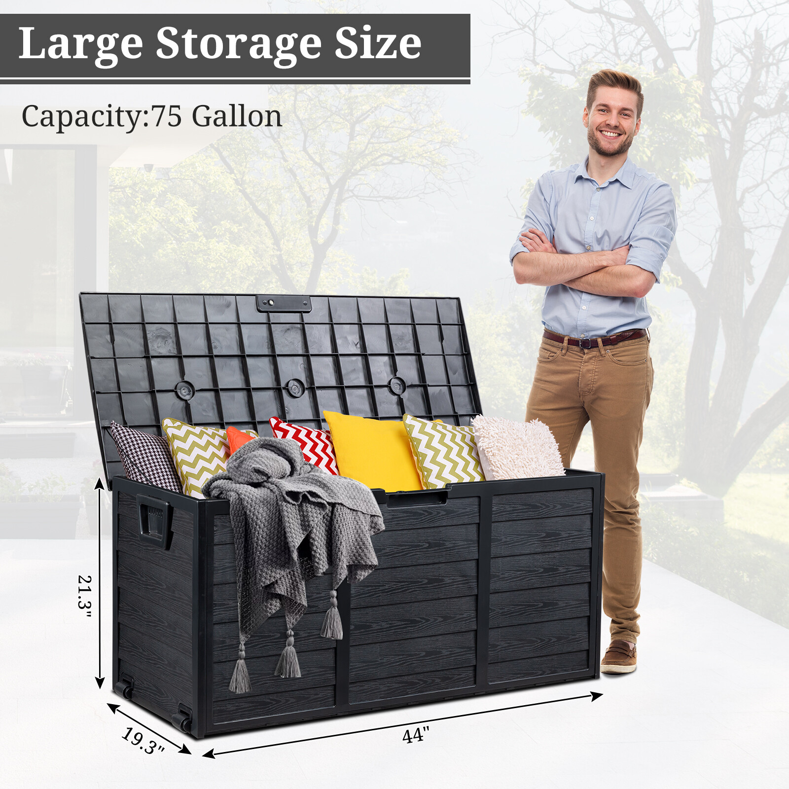 75 Gallon Outdoor Patio Storage Deck Box Garden Bench Weatherproof Resin Black