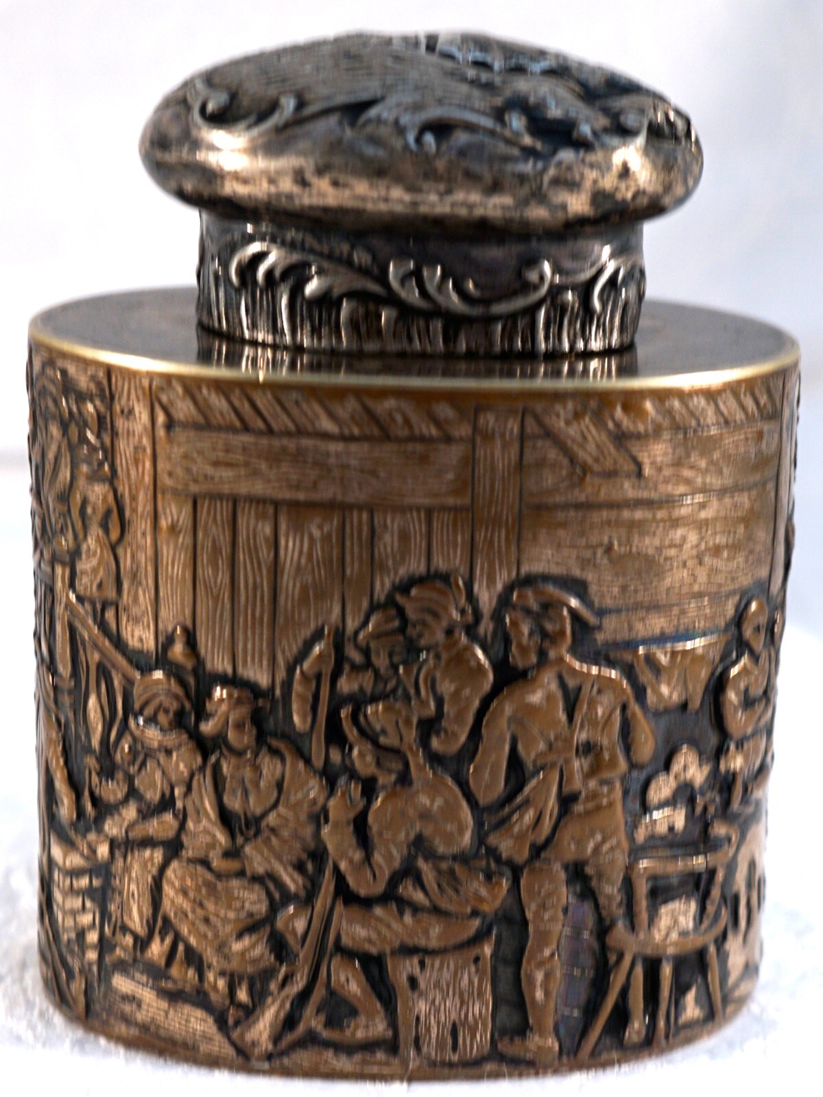 Silver Over Copper Repousse Lidded Jar Scenery of People - Sailboat on Lid