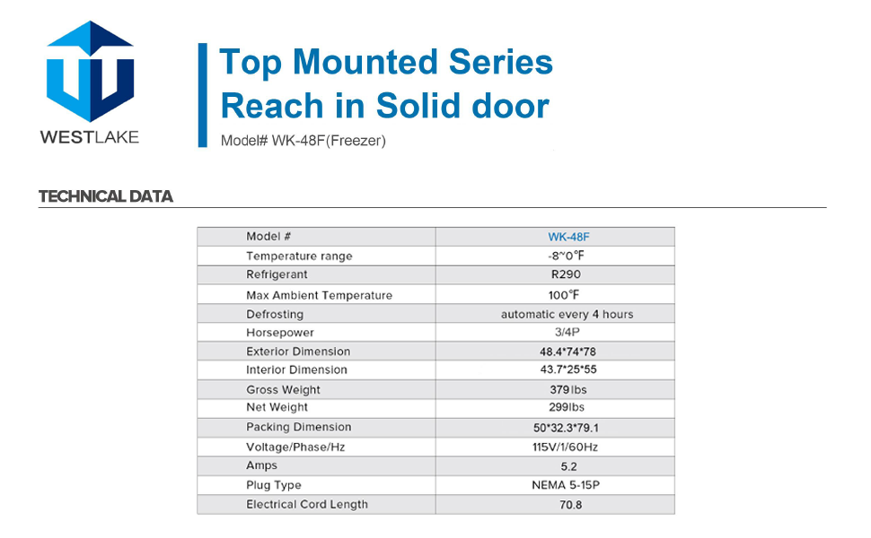 Commercial Reach In Freezer, WESTLAKE 48 Inch Commercial Freezer 2 Door 36 Cu.ft