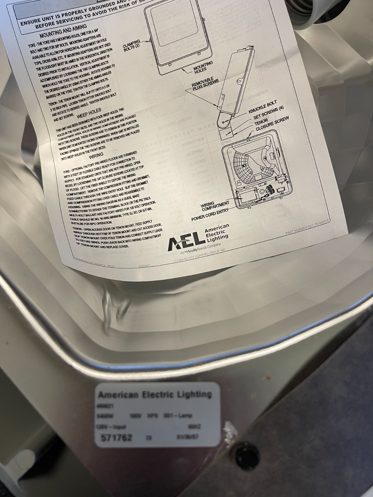 American Electric Light 400W HPS Cobrahead Street Light Fixture Cat#499821 120V