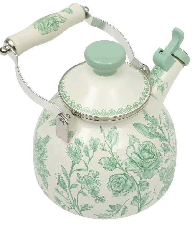 Pioneer Woman ~ AGATHA ~ 2 Quart Tea Kettle ~ Enamel on Steel ~ Floral ~ GREEN