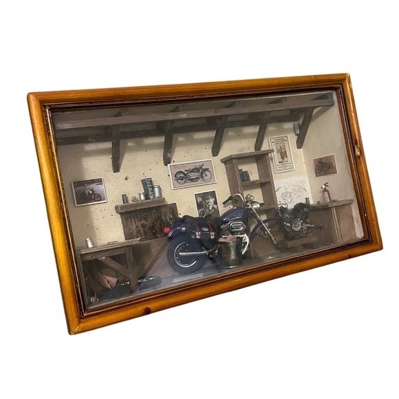 Vintage Motorcycle Garage Shop Diorama Shadow Box.