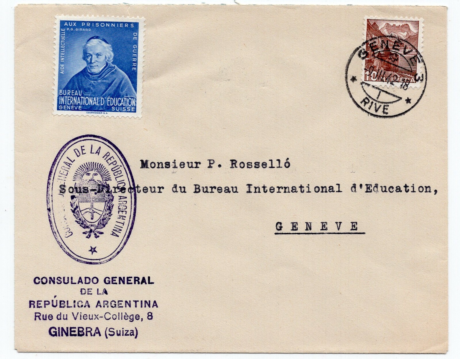 Swiss Offices, 1942 BIE Forerunner Girard (blue) on cover, RARE !!