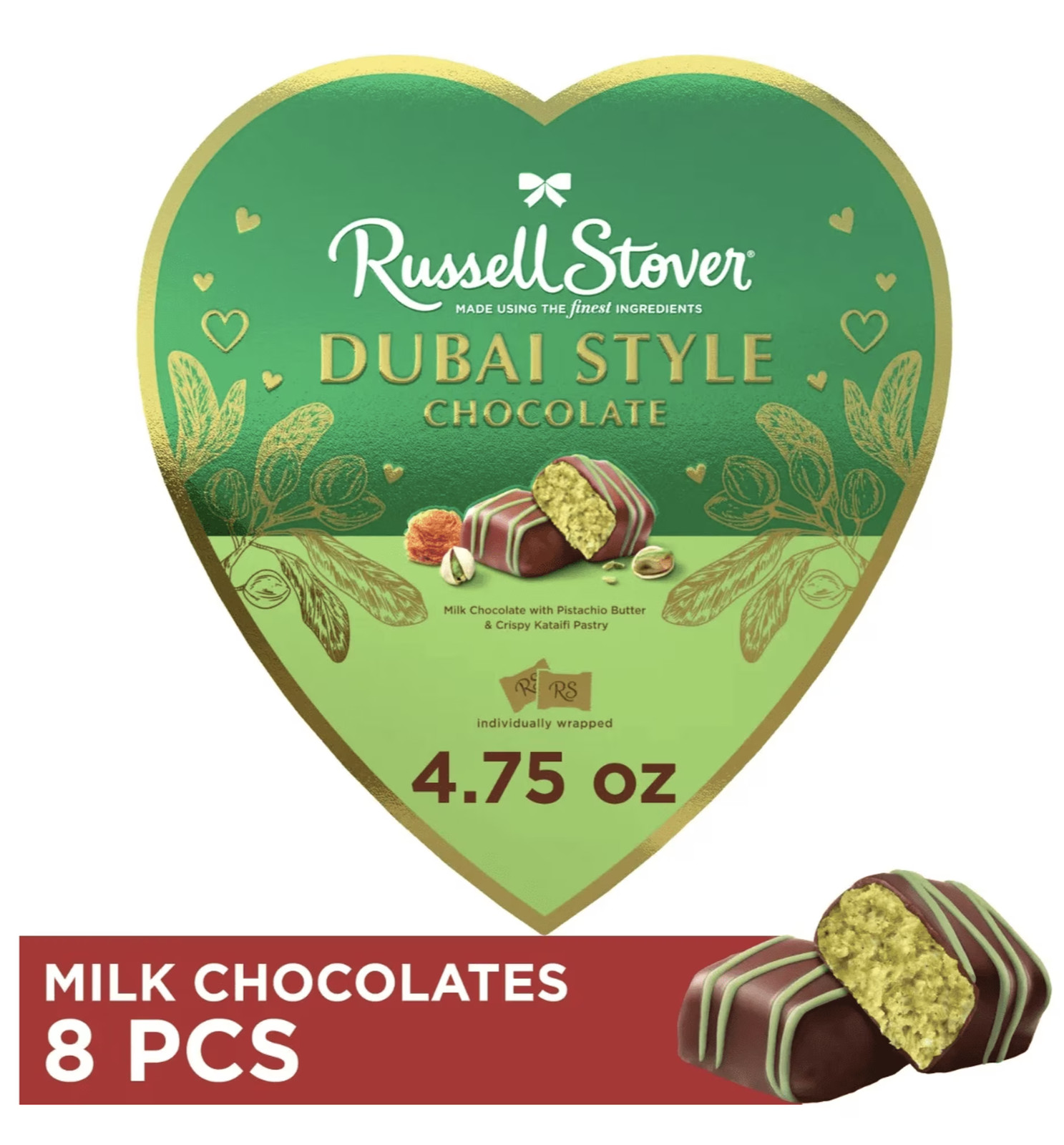 (20) Russell Stover Dubai Style Chocolate Heart Box, Milk Chocolate with Pistach