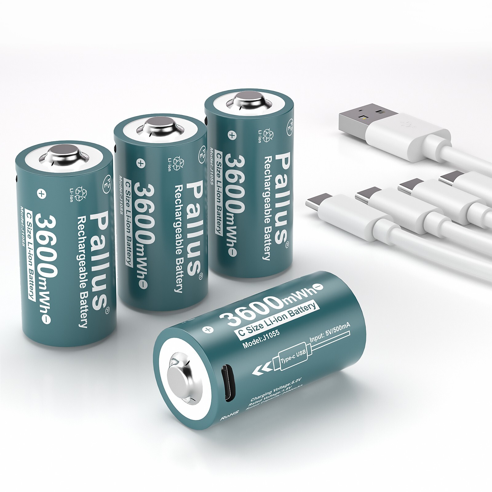 1.5V USB Rechargeable Lithium C Batteries with 4in1 Charger Cable  3600mWh