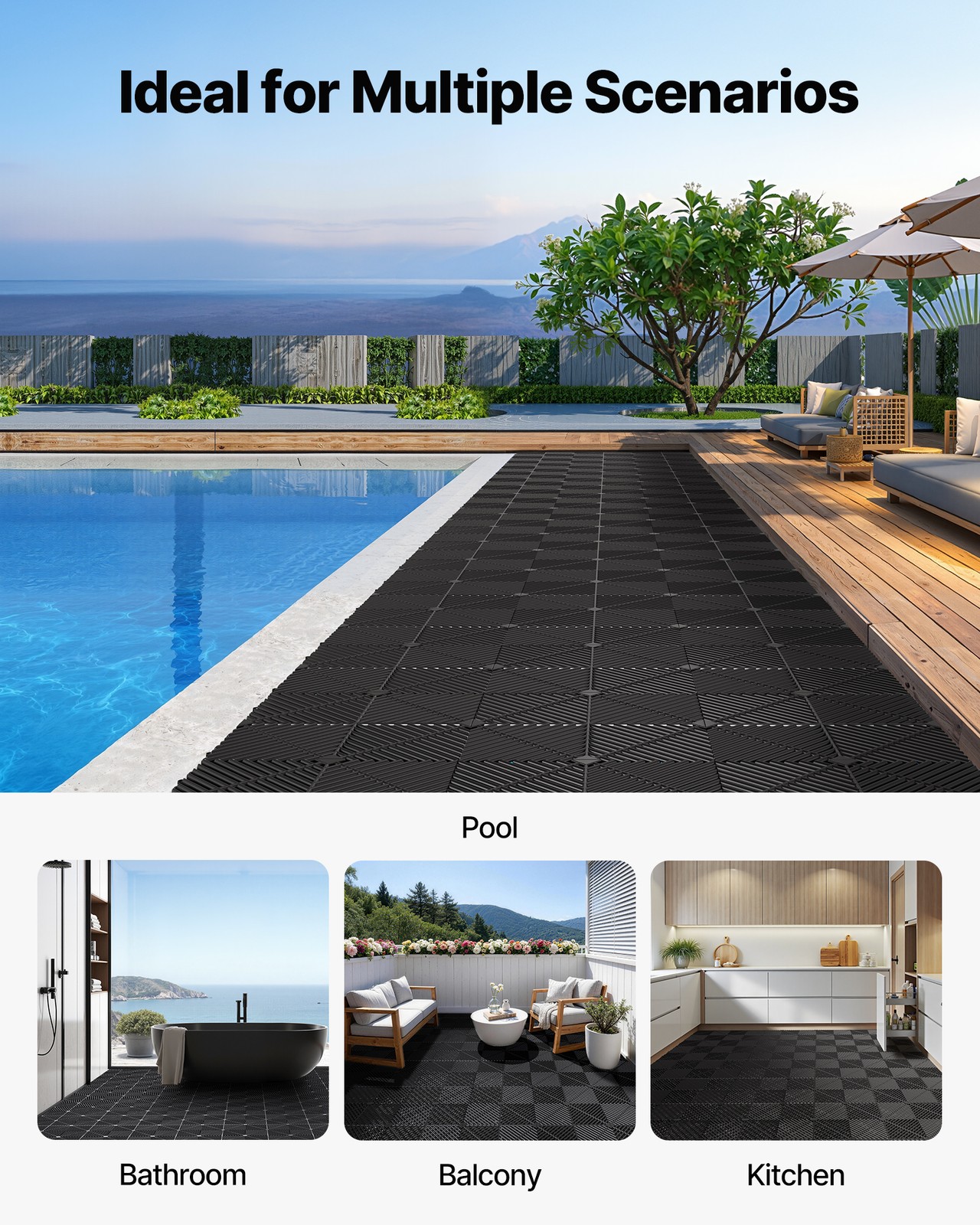 VEVOR Interlocking Drainage Mats 12" x 12" PP Garage Floor Tiles Black 50 Pack