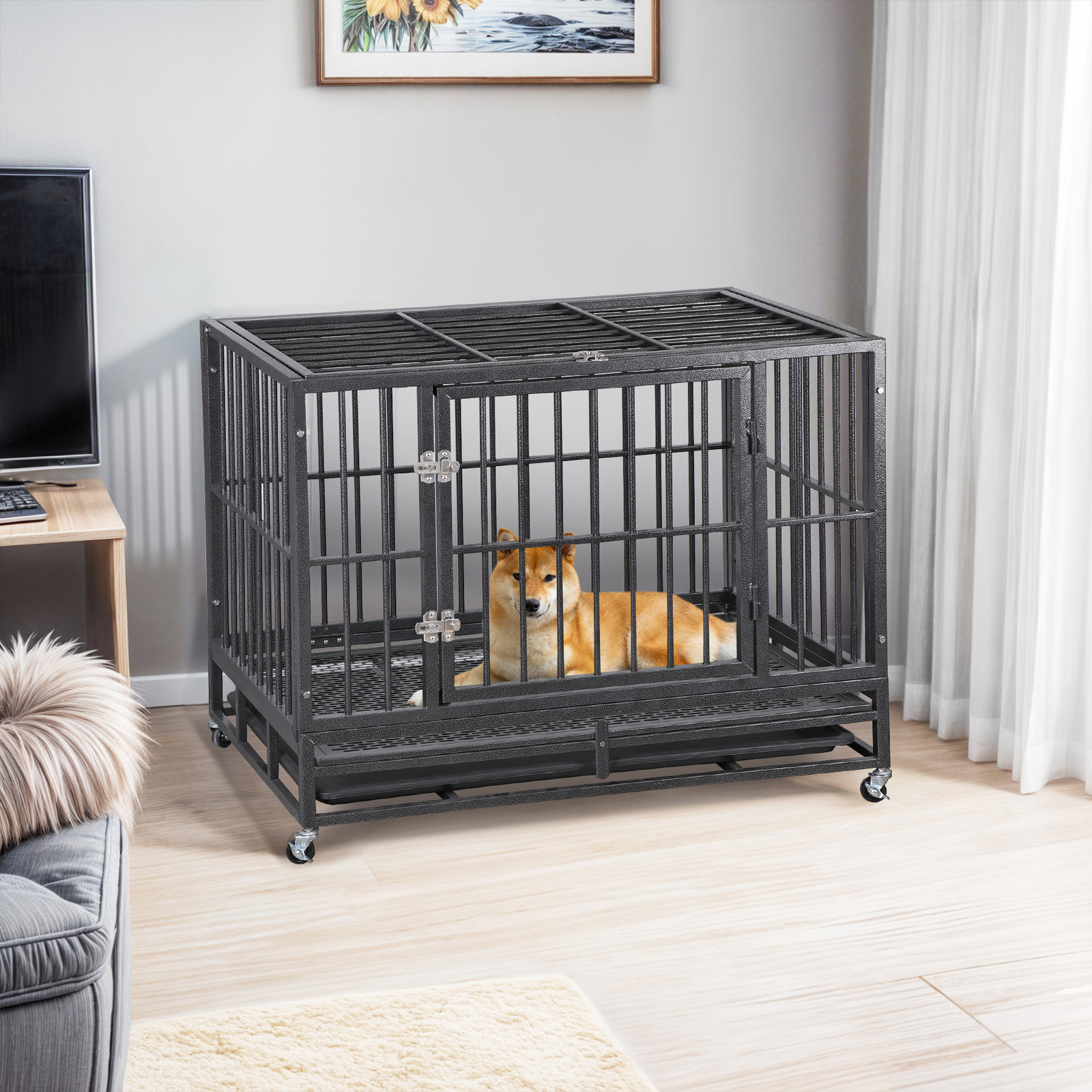 37" Heavy Duty Pet Dog Cage Strong Metal Crate Kennel Playpen with Wheels&Tray