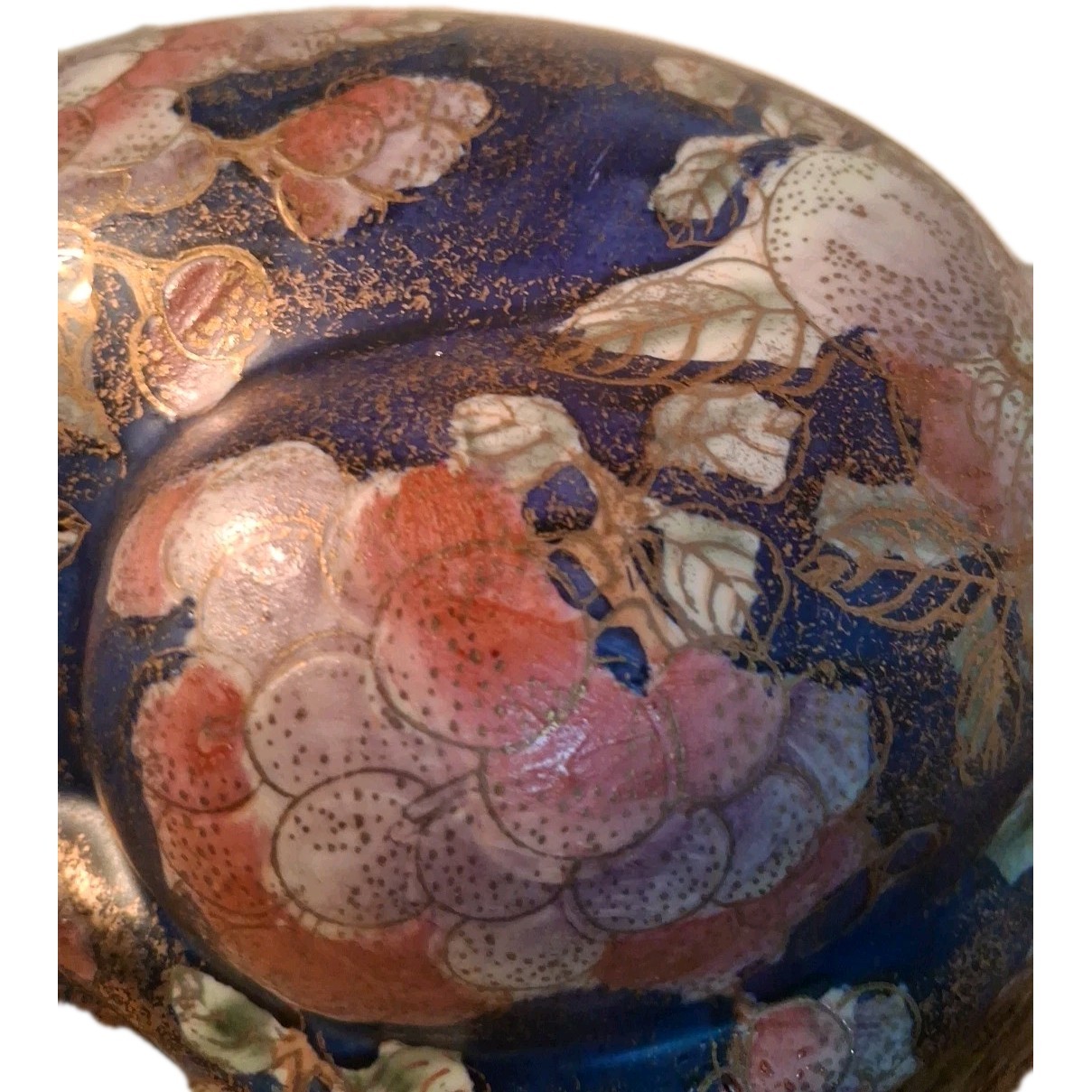 Vintage Asian Sleeping Cat 9.5" Floral Gilded Ceramic Porcelain Hand Painted