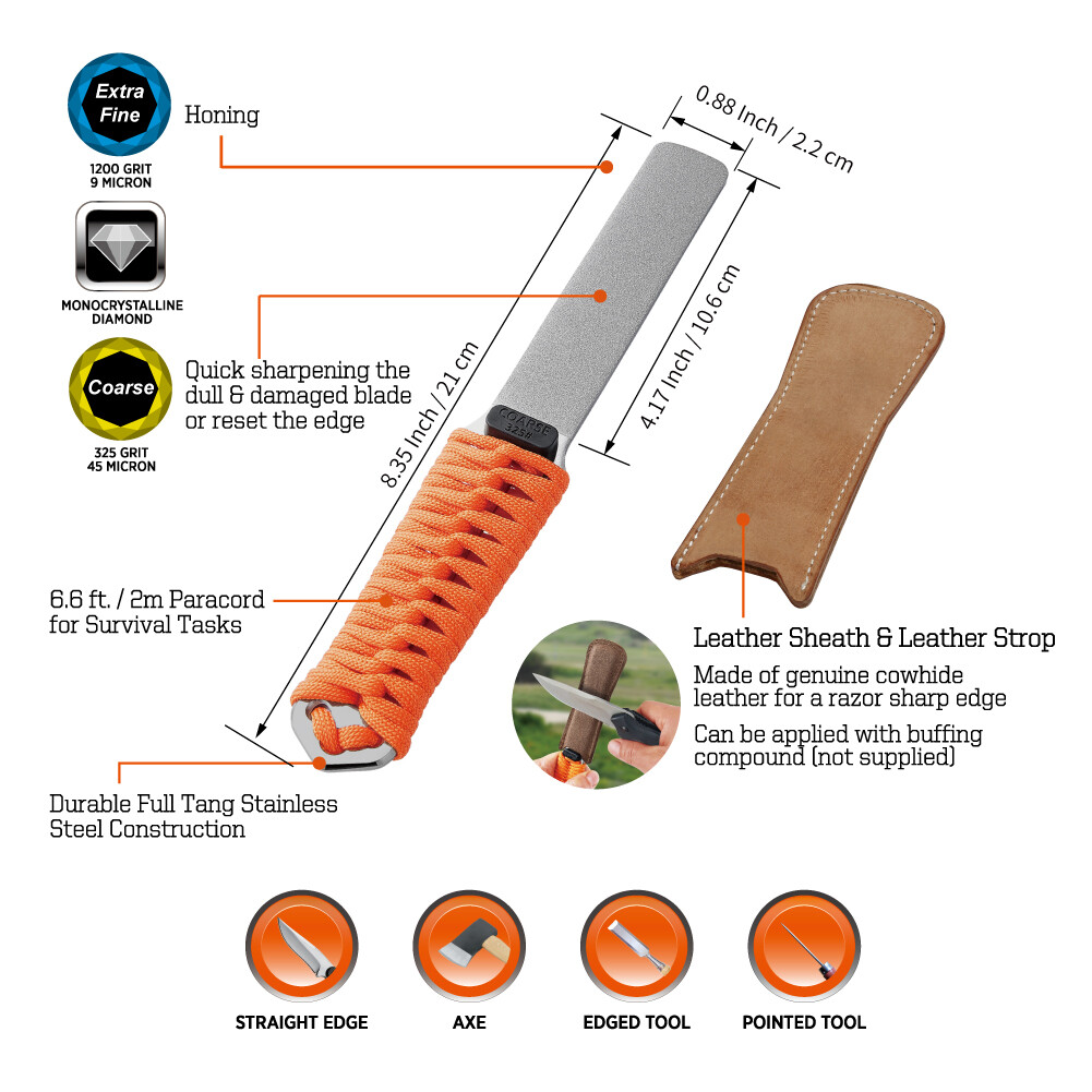 SHARPAL 325/1200# Dual-Grit Diamond Sharpening Stone with Leather Strop,Paracord