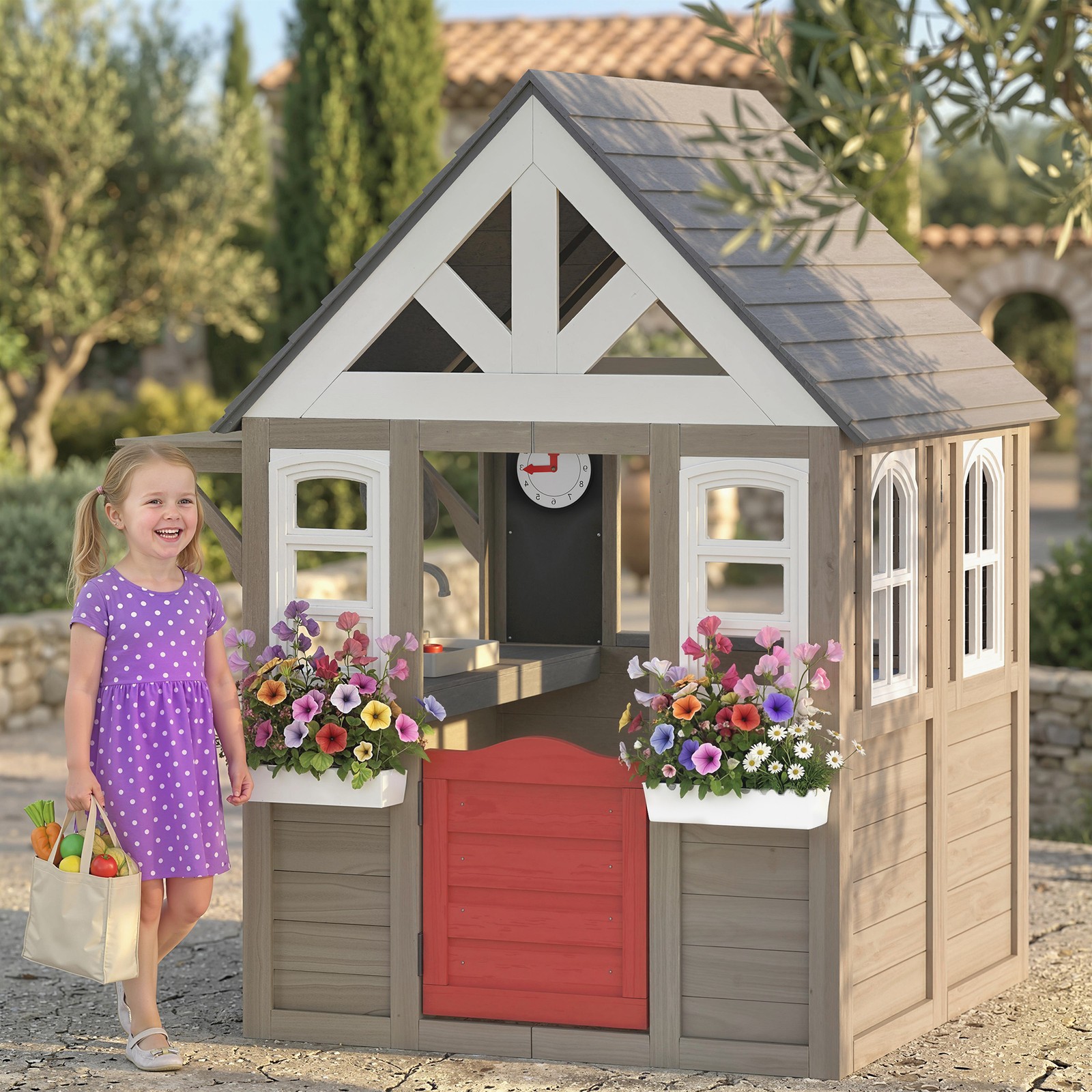 Qaba Outdoor Playhouse with Dog Door, Flower Box, Cookware for Backyard