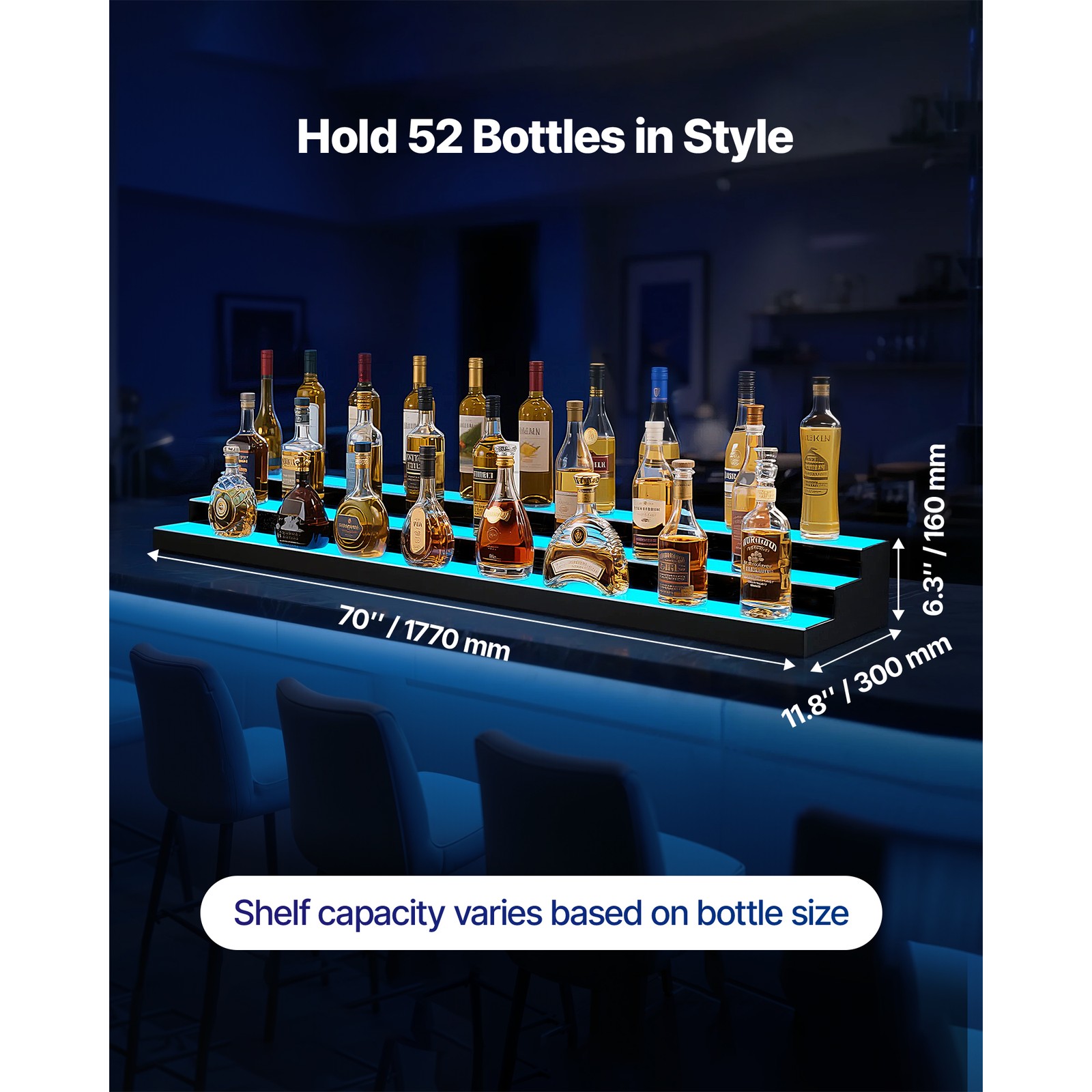 Uimoso LED Illuminated 3-Tier Liquor Bottle Display, 70 Inches, Holds 52 Bottles